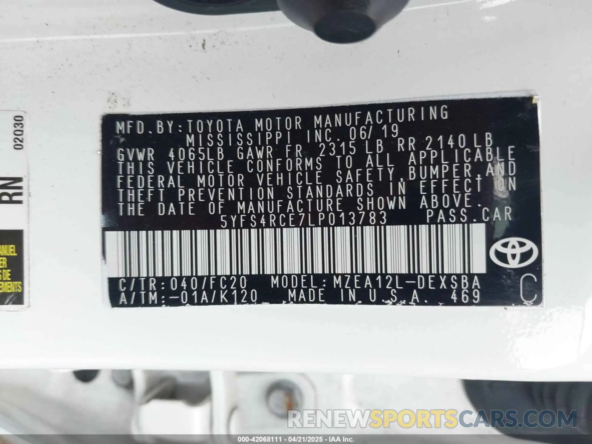 9 fotografías del automóvil dañado 5YFS4RCE7LP013783 TOYOTA COROLLA 2020