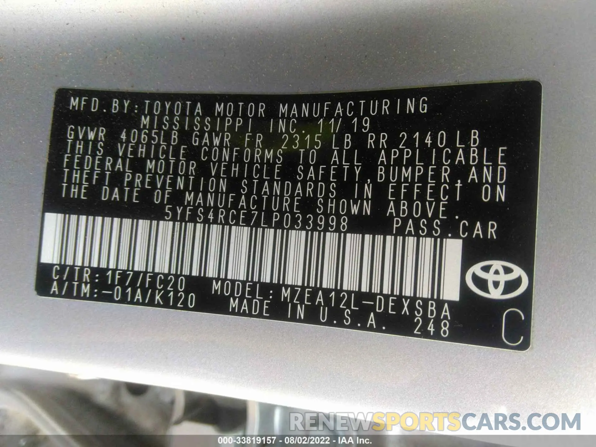 9 fotografías del automóvil dañado 5YFS4RCE7LP033998 TOYOTA COROLLA 2020