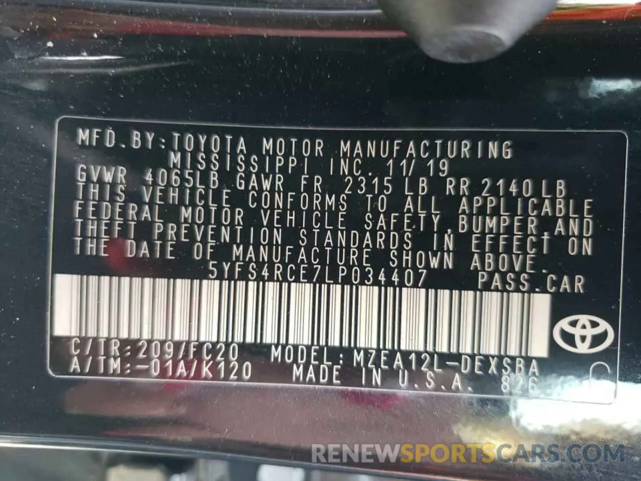 10 fotografías del automóvil dañado 5YFS4RCE7LP034407 TOYOTA COROLLA 2020