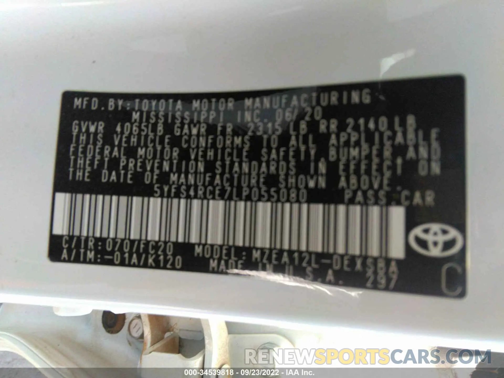 9 fotografías del automóvil dañado 5YFS4RCE7LP055080 TOYOTA COROLLA 2020