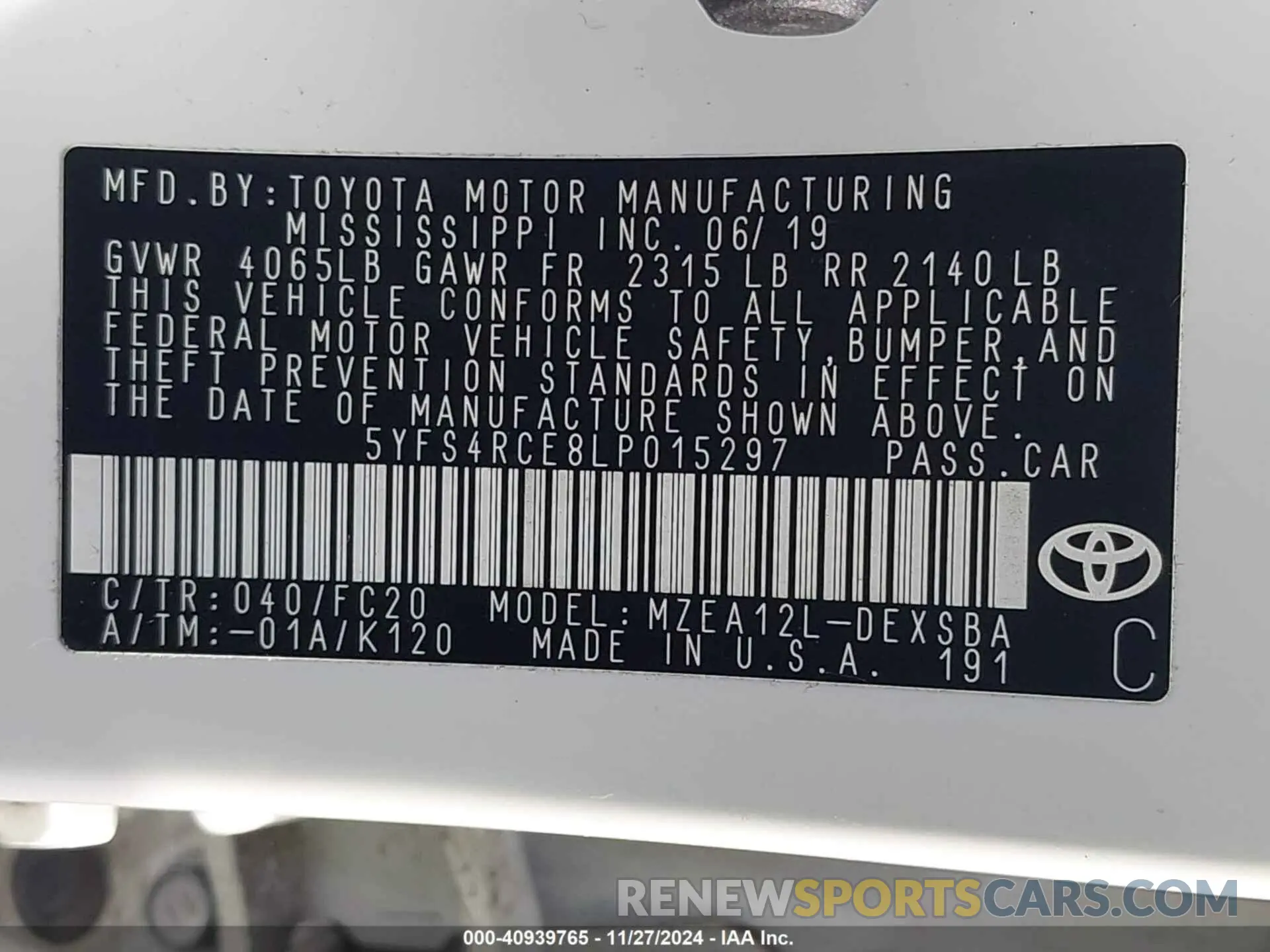 9 fotografías del automóvil dañado 5YFS4RCE8LP015297 TOYOTA COROLLA 2020