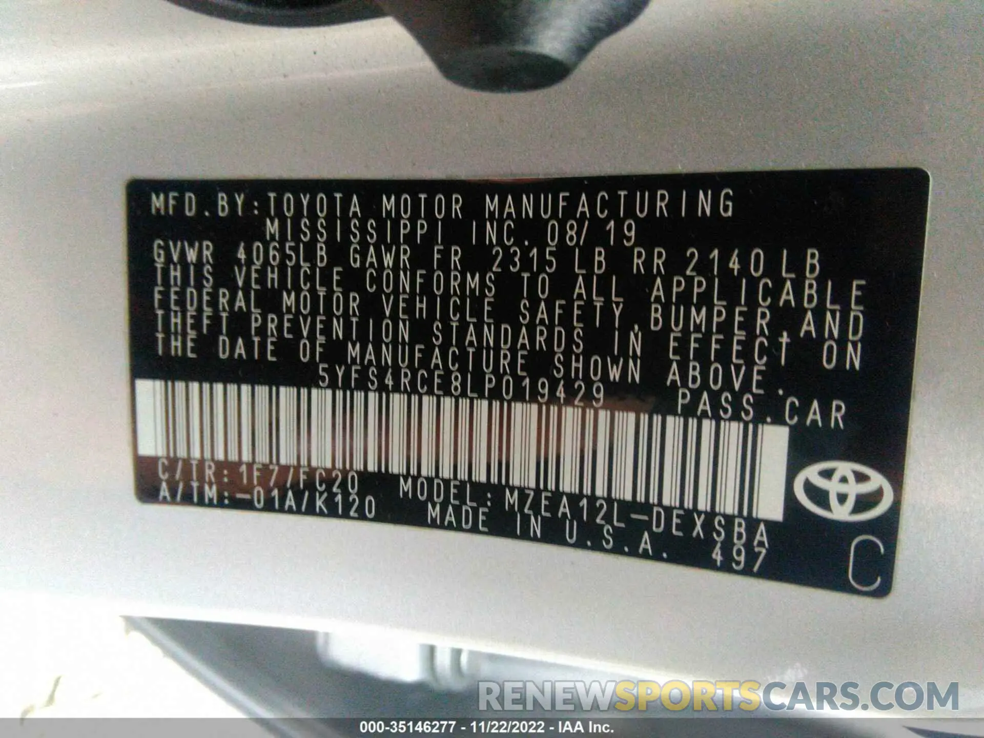 9 fotografías del automóvil dañado 5YFS4RCE8LP019429 TOYOTA COROLLA 2020