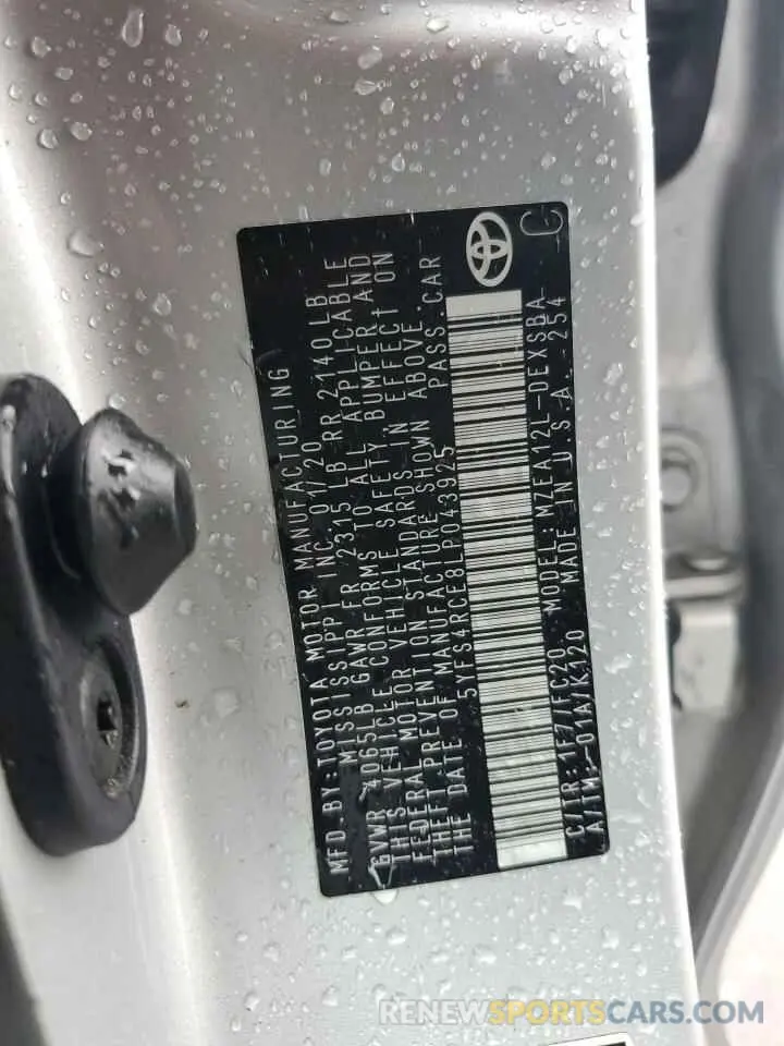 12 fotografías del automóvil dañado 5YFS4RCE8LP043925 TOYOTA COROLLA 2020