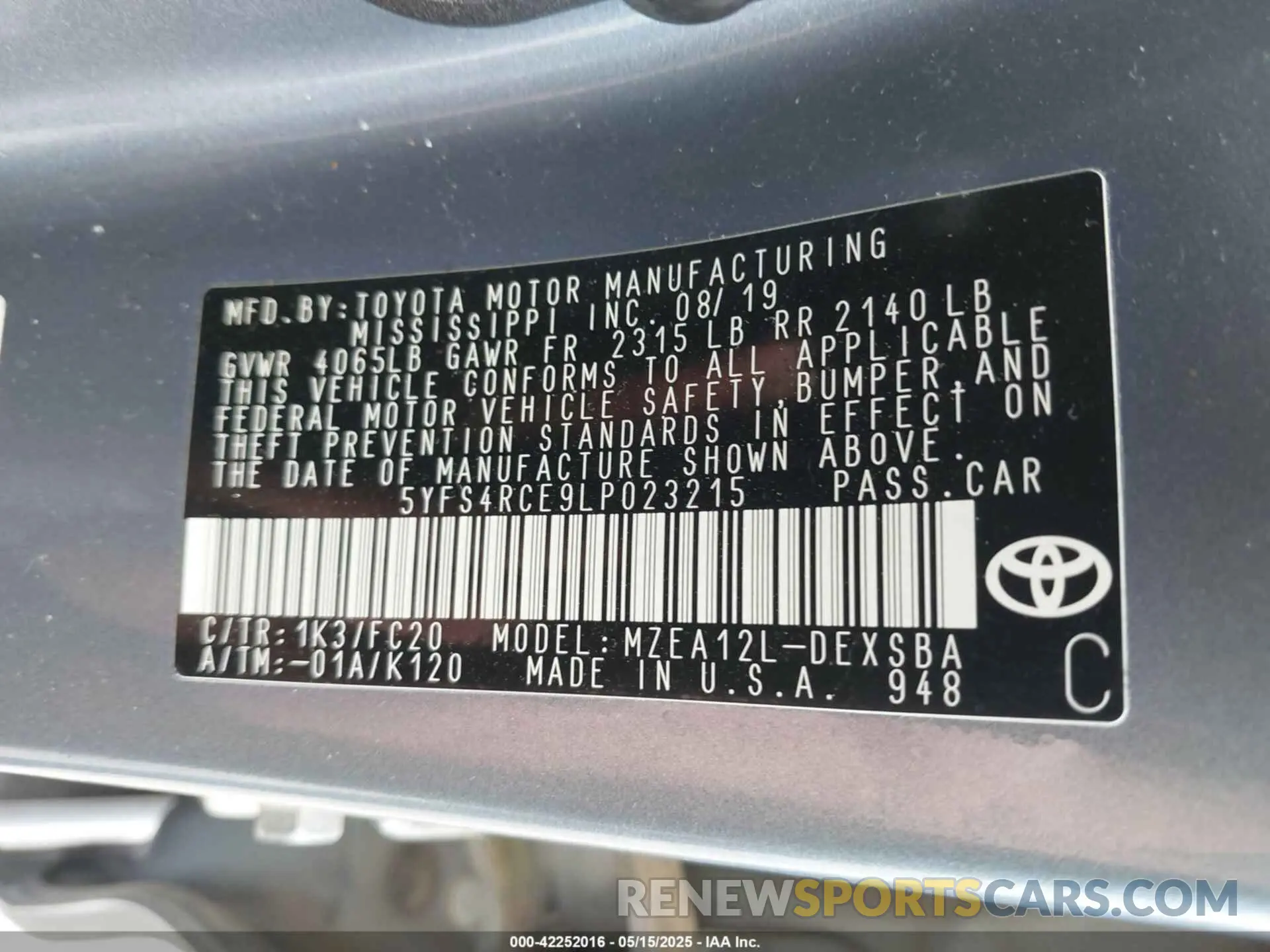 9 fotografías del automóvil dañado 5YFS4RCE9LP023215 TOYOTA COROLLA 2020