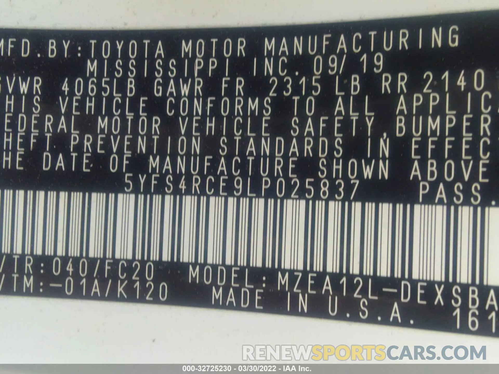 9 fotografías del automóvil dañado 5YFS4RCE9LP025837 TOYOTA COROLLA 2020