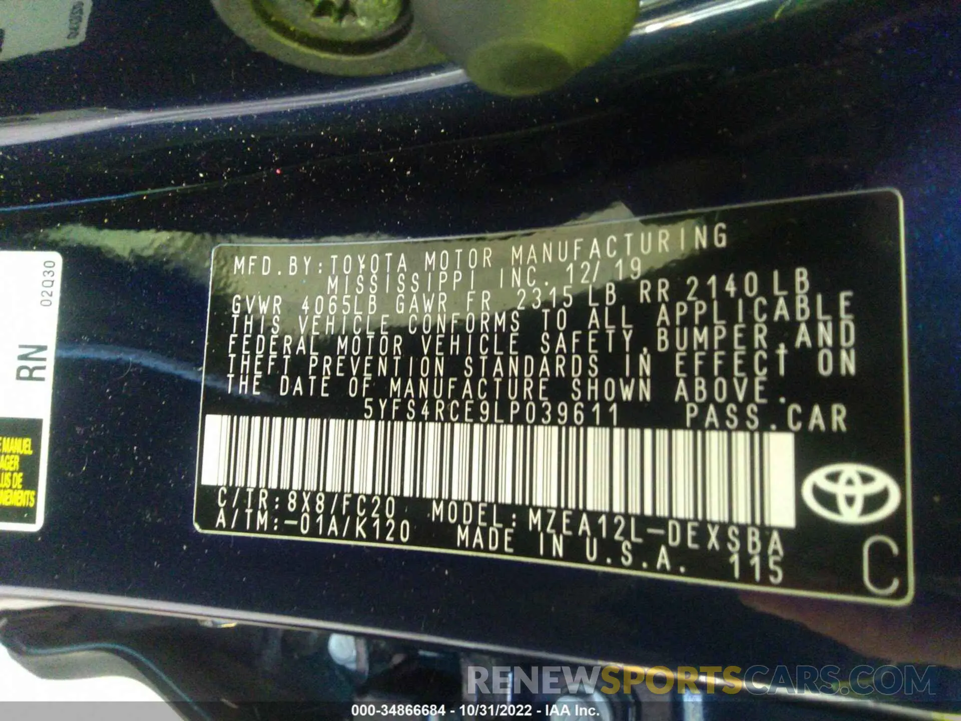 9 fotografías del automóvil dañado 5YFS4RCE9LP039611 TOYOTA COROLLA 2020