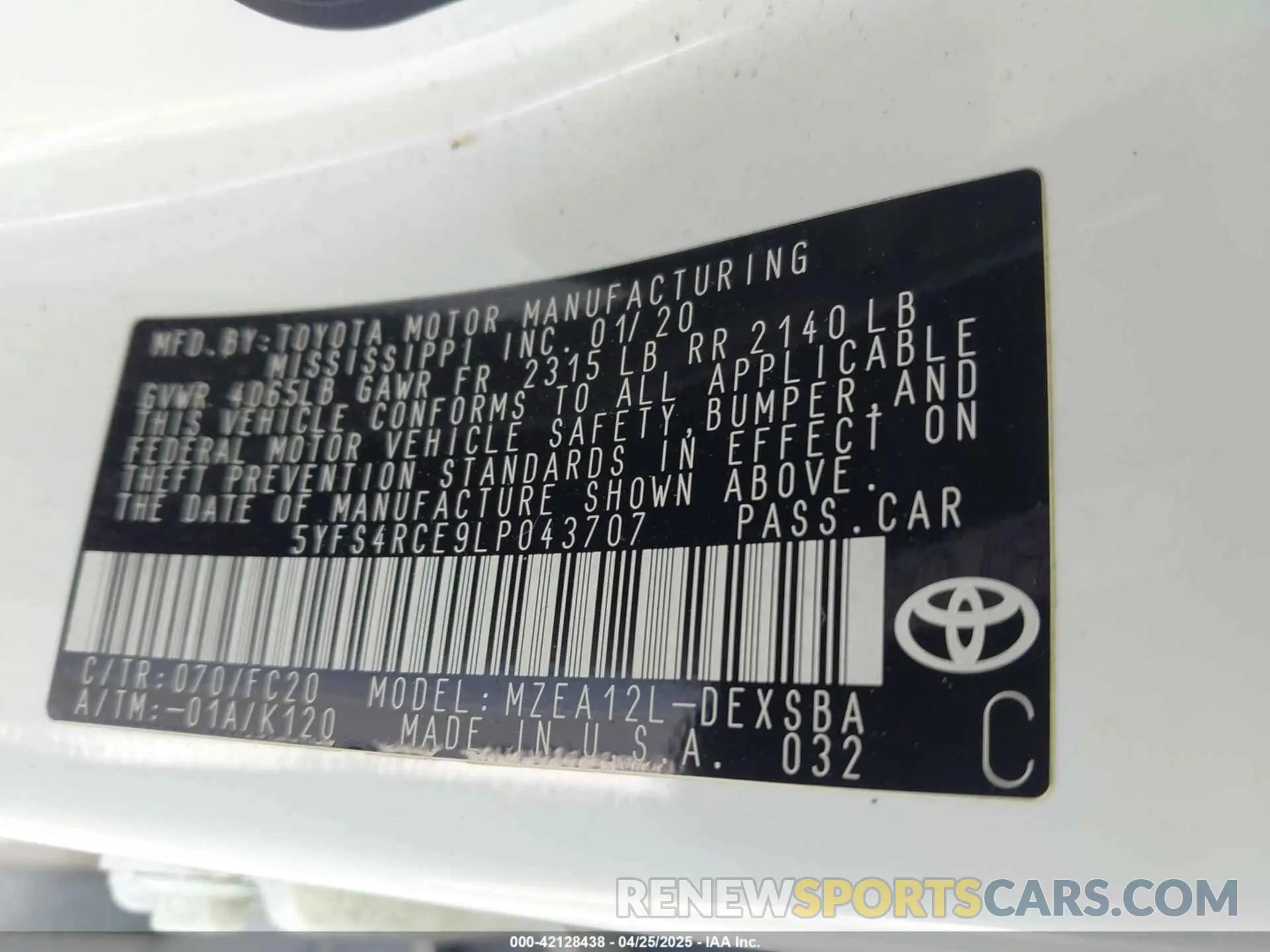 9 fotografías del automóvil dañado 5YFS4RCE9LP043707 TOYOTA COROLLA 2020