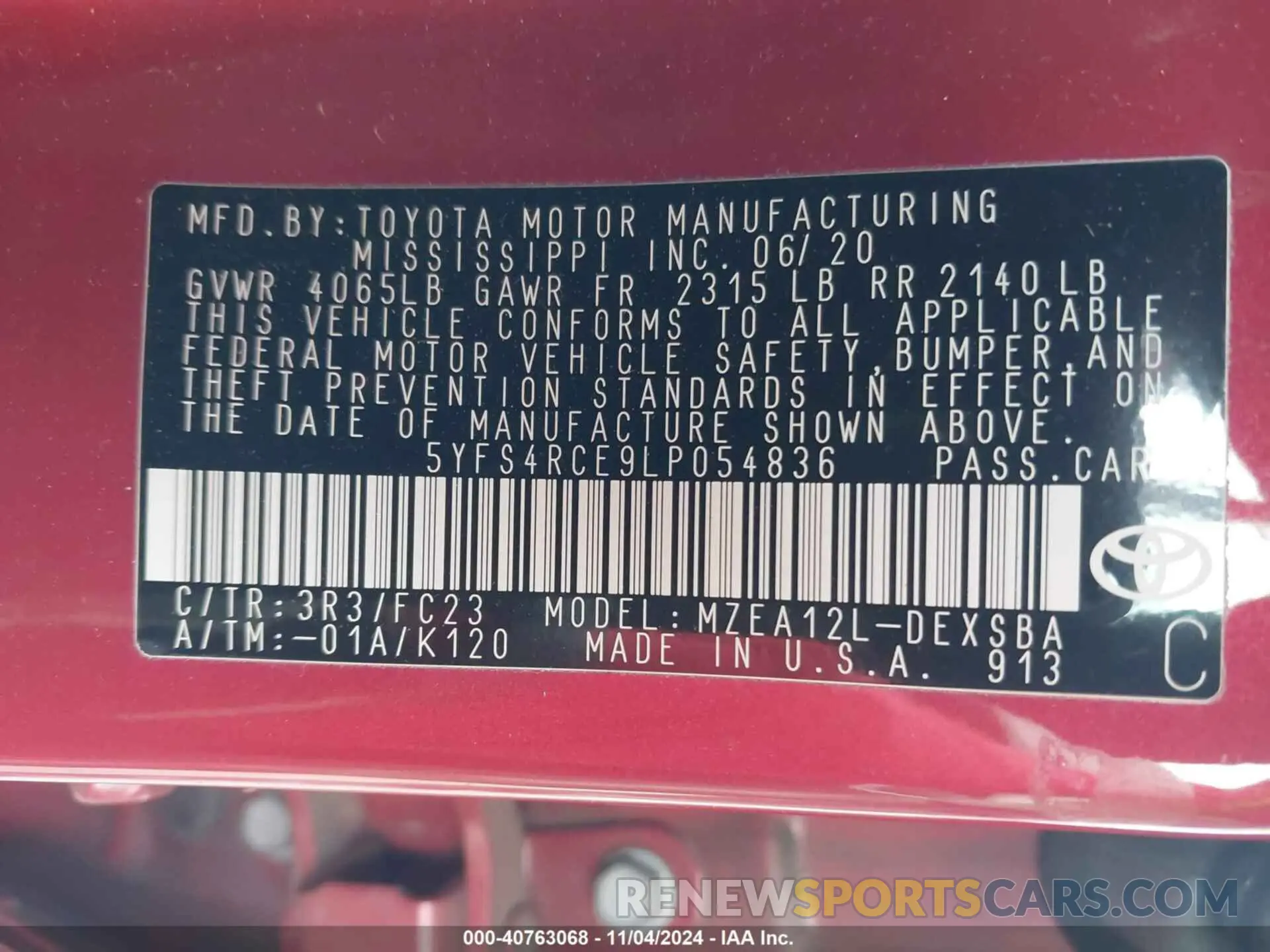 9 fotografías del automóvil dañado 5YFS4RCE9LP054836 TOYOTA COROLLA 2020