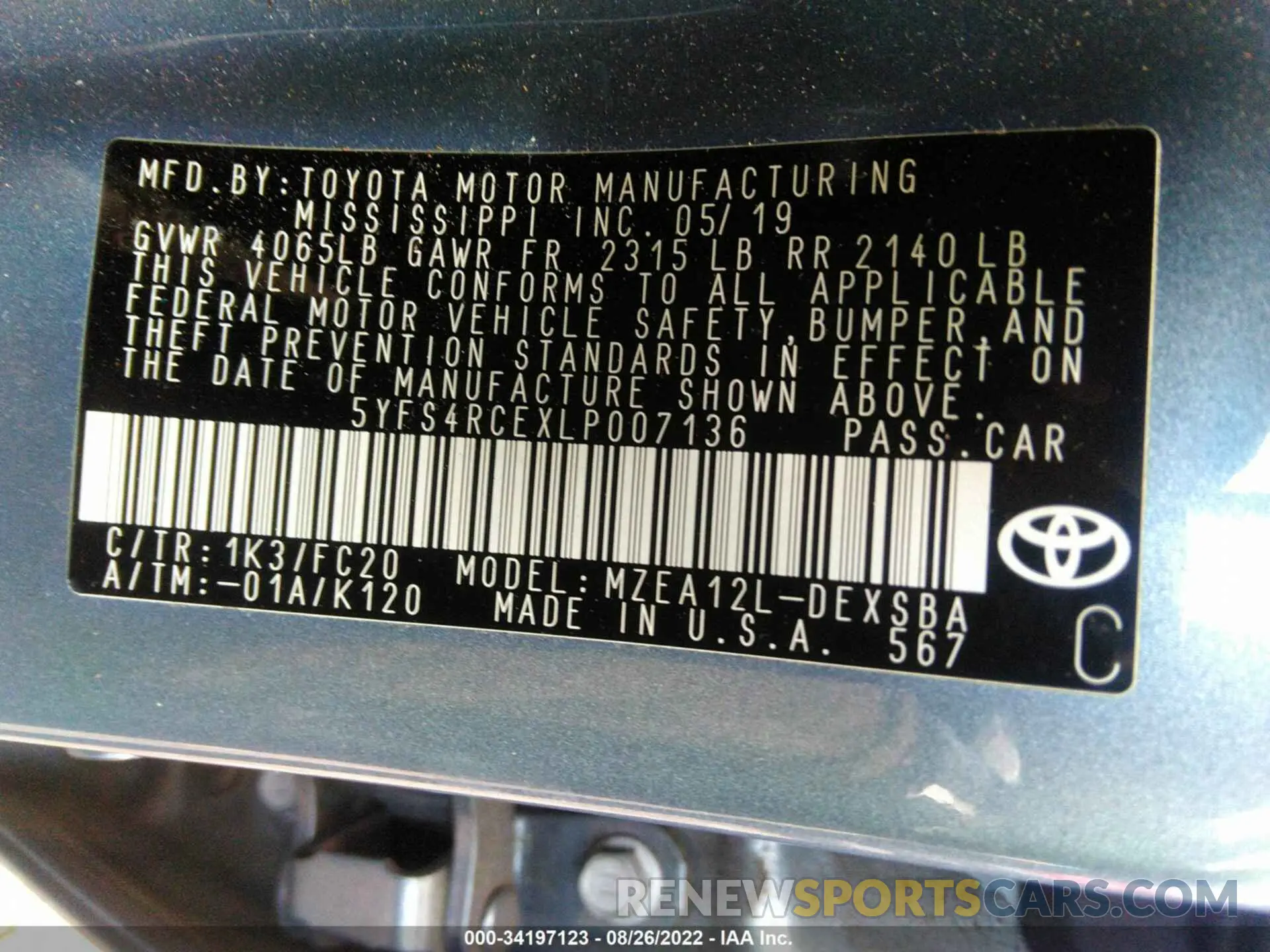 9 fotografías del automóvil dañado 5YFS4RCEXLP007136 TOYOTA COROLLA 2020