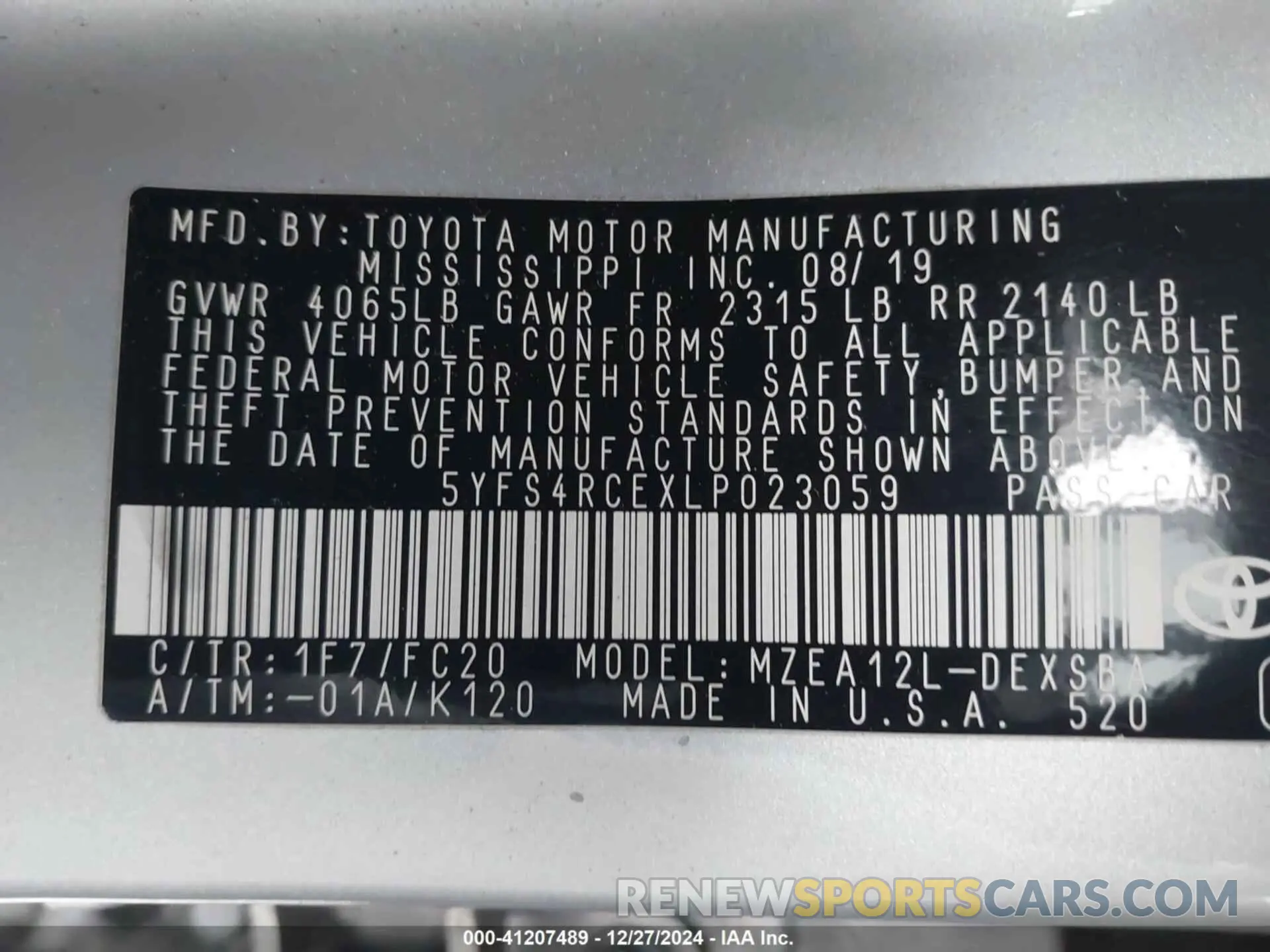 9 fotografías del automóvil dañado 5YFS4RCEXLP023059 TOYOTA COROLLA 2020