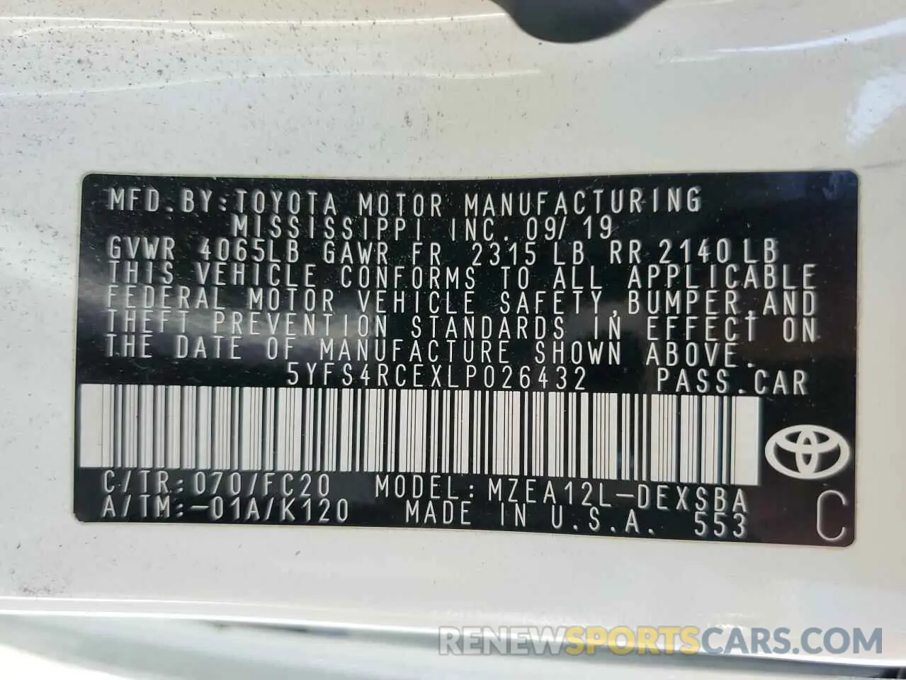 13 fotografías del automóvil dañado 5YFS4RCEXLP026432 TOYOTA COROLLA 2020