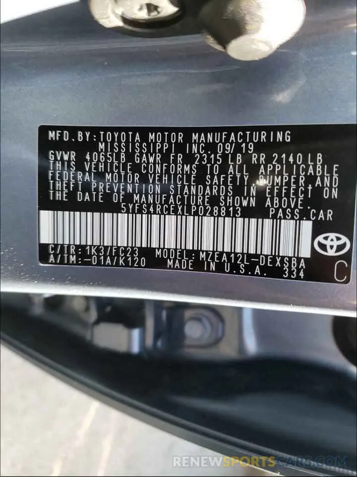 10 fotografías del automóvil dañado 5YFS4RCEXLP028813 TOYOTA COROLLA 2020