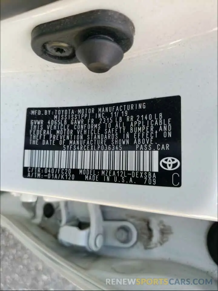 10 fotografías del automóvil dañado 5YFS4RCEXLP036345 TOYOTA COROLLA 2020