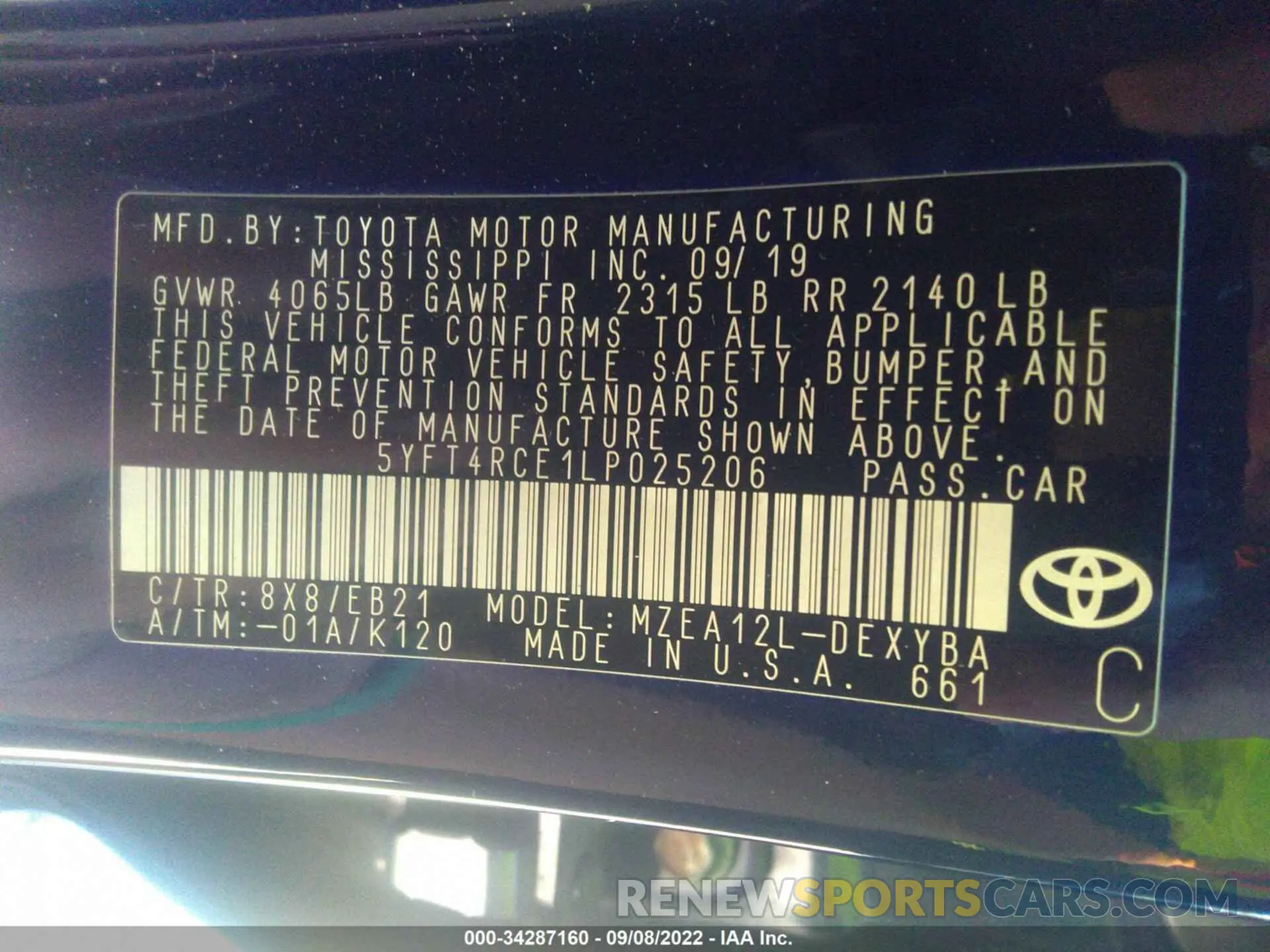 9 fotografías del automóvil dañado 5YFT4RCE1LP025206 TOYOTA COROLLA 2020