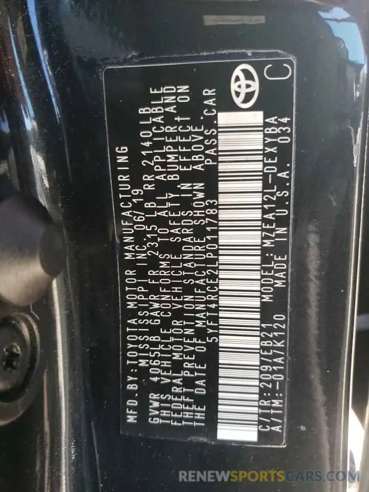 12 fotografías del automóvil dañado 5YFT4RCE2LP011783 TOYOTA COROLLA 2020