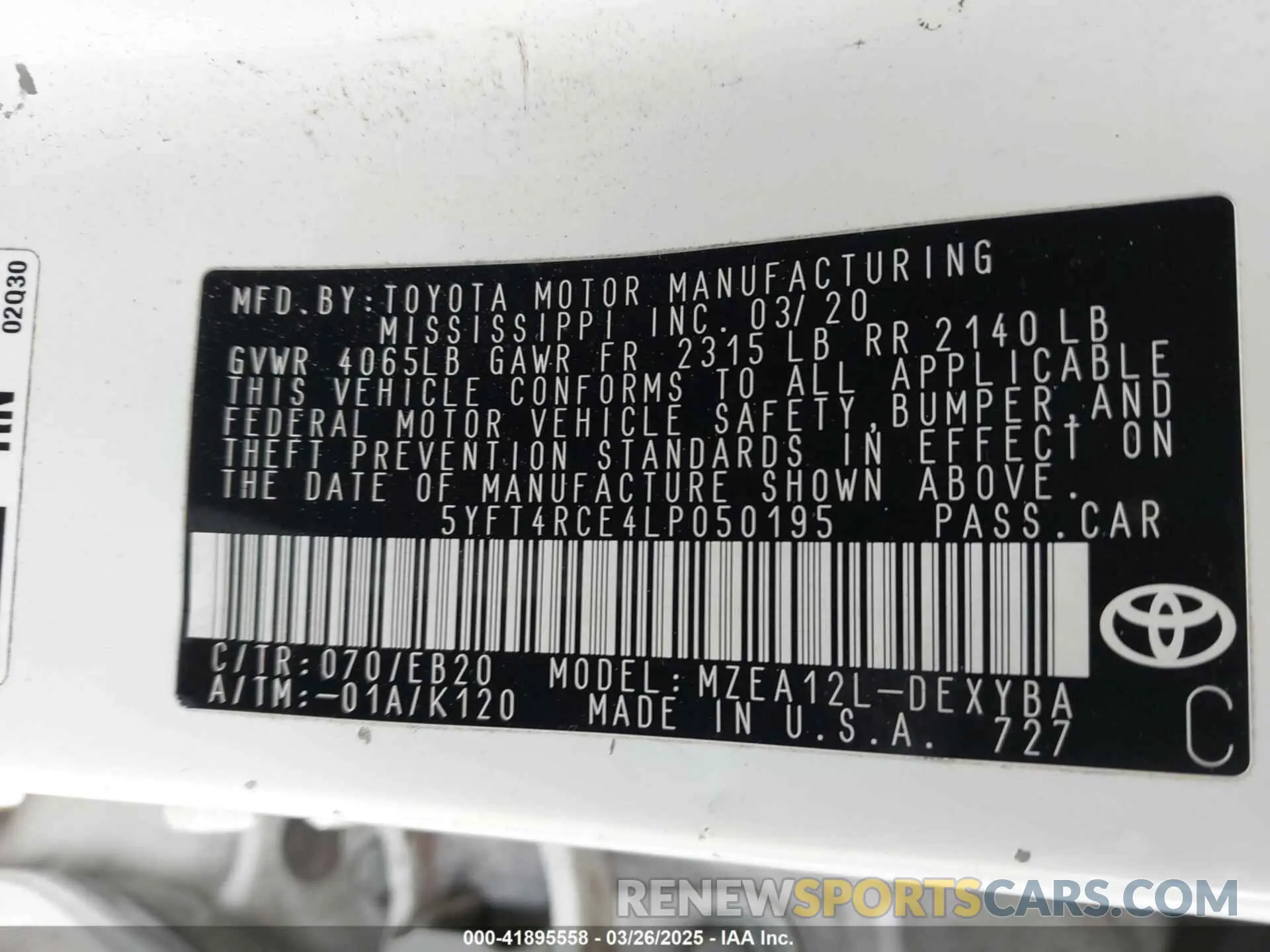 9 fotografías del automóvil dañado 5YFT4RCE4LP050195 TOYOTA COROLLA 2020