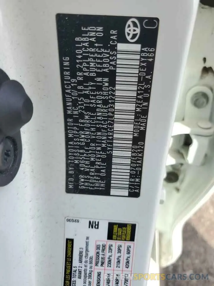 14 fotografías del automóvil dañado 5YFT4RCE7LP031222 TOYOTA COROLLA 2020