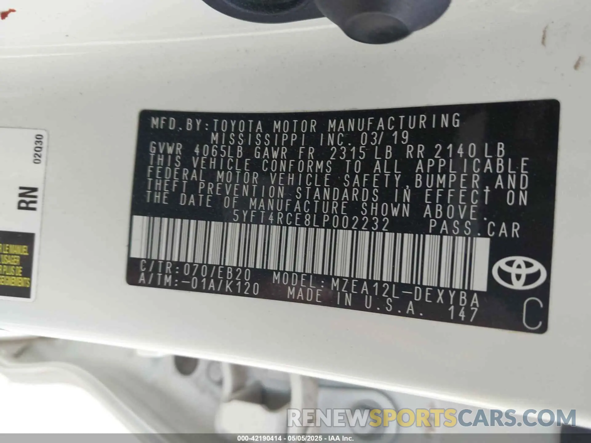 9 fotografías del automóvil dañado 5YFT4RCE8LP002232 TOYOTA COROLLA 2020