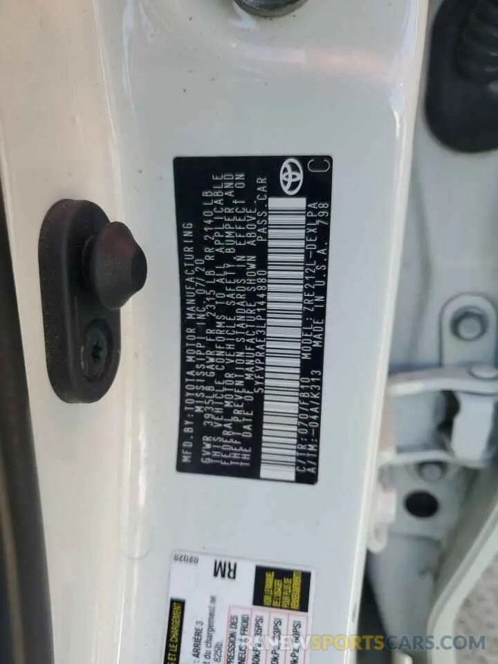 12 fotografías del automóvil dañado 5YFVPRAE3LP144880 TOYOTA COROLLA 2020