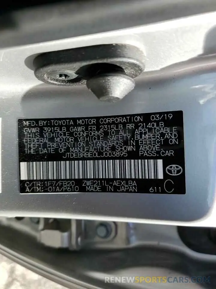 10 fotografías del automóvil dañado JTDEBRBE0LJ003895 TOYOTA COROLLA 2020