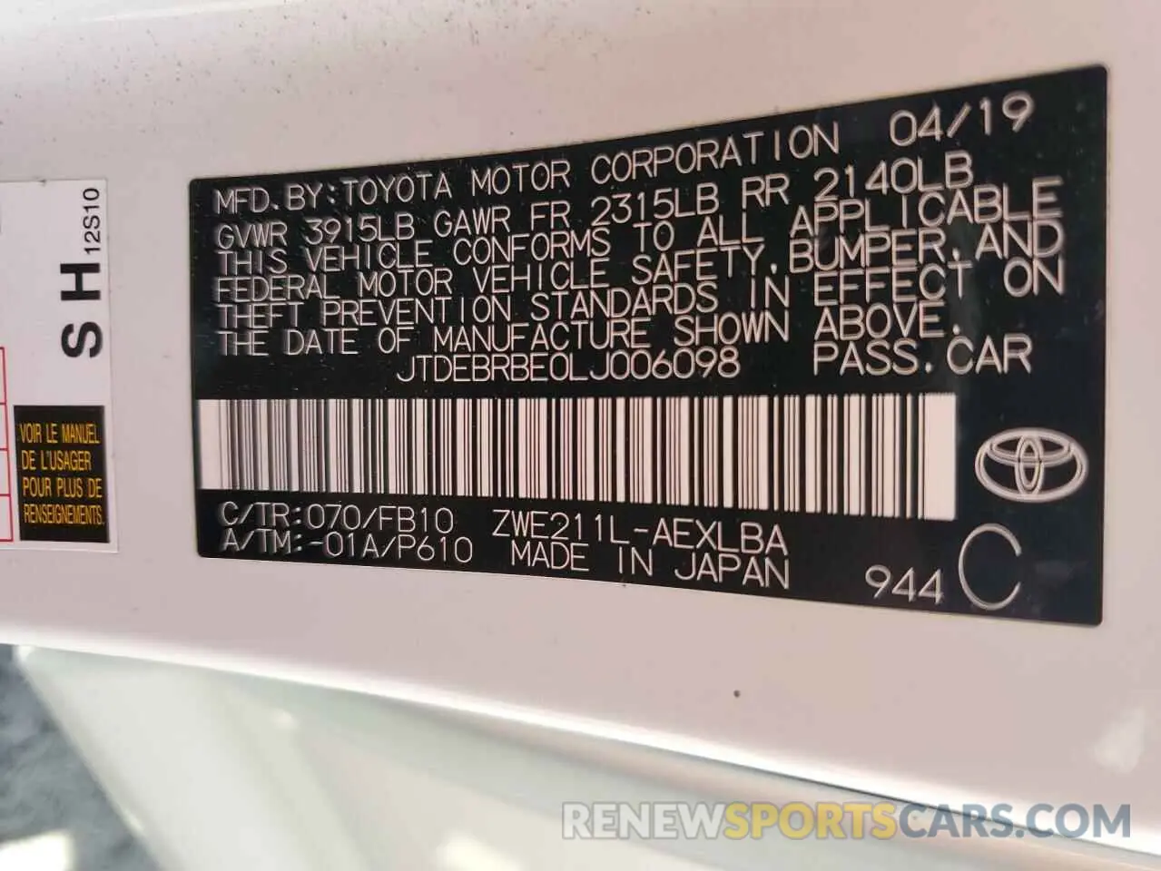 12 fotografías del automóvil dañado JTDEBRBE0LJ006098 TOYOTA COROLLA 2020