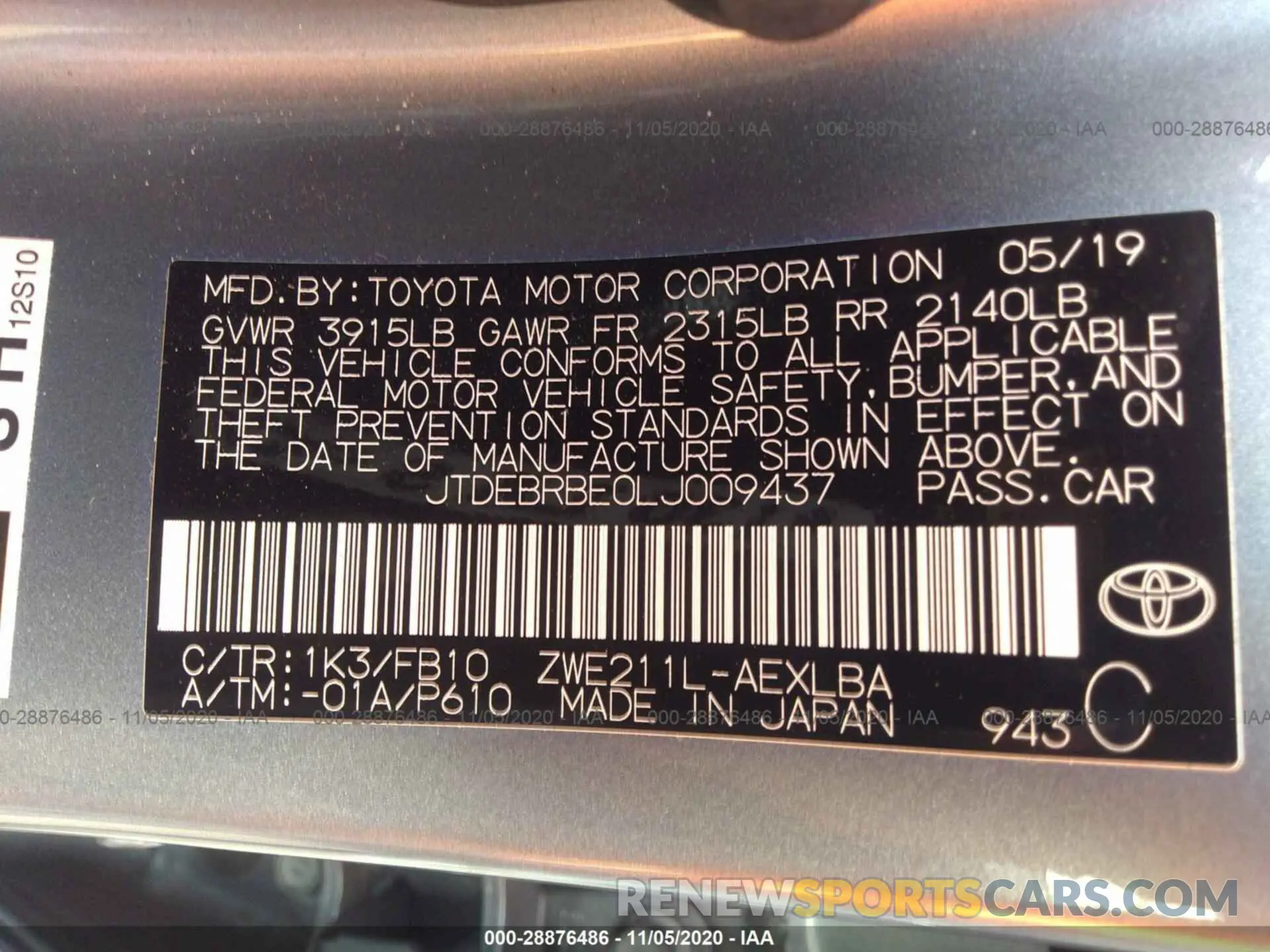 9 fotografías del automóvil dañado JTDEBRBE0LJ009437 TOYOTA COROLLA 2020