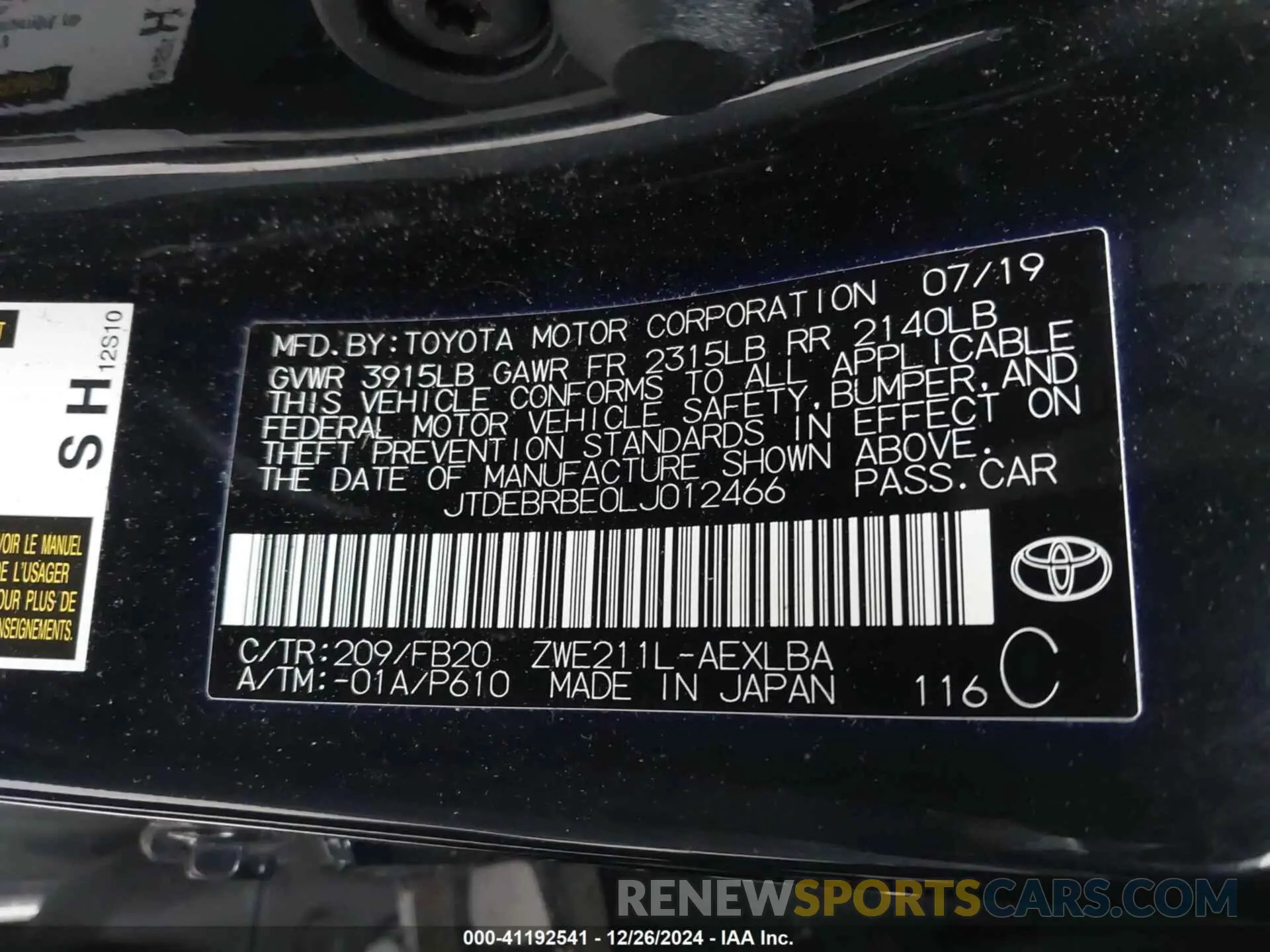 9 fotografías del automóvil dañado JTDEBRBE0LJ012466 TOYOTA COROLLA 2020
