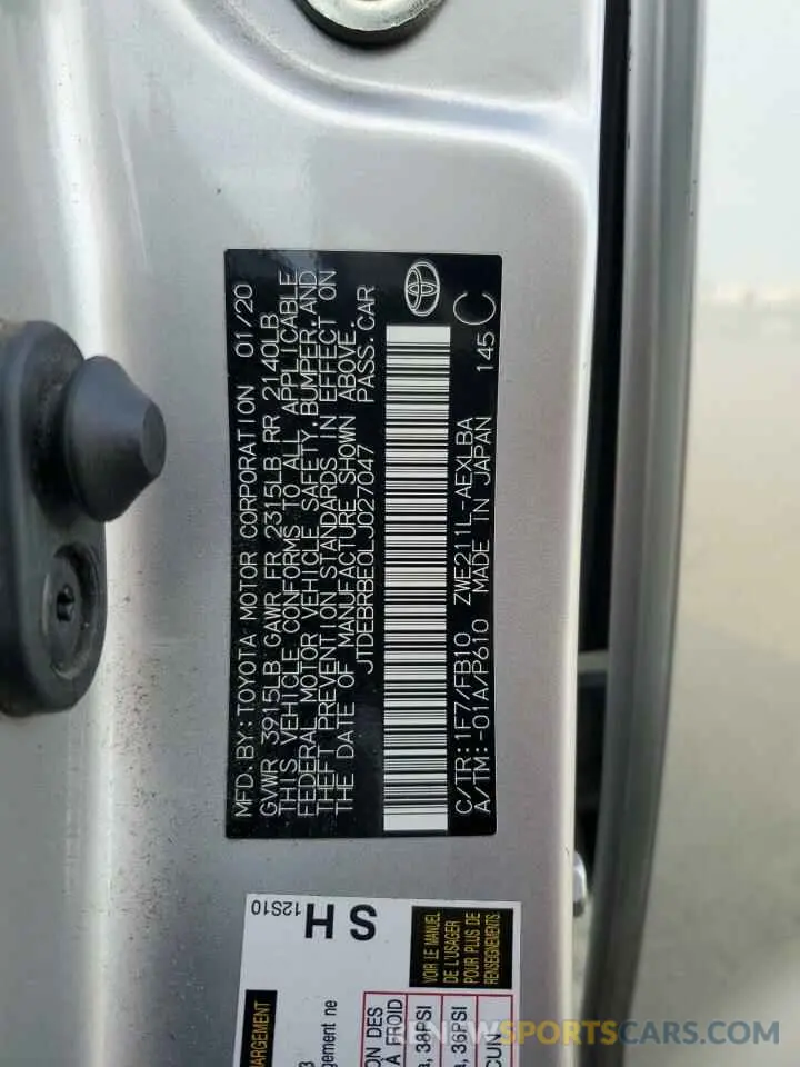 12 fotografías del automóvil dañado JTDEBRBE0LJ027047 TOYOTA COROLLA 2020