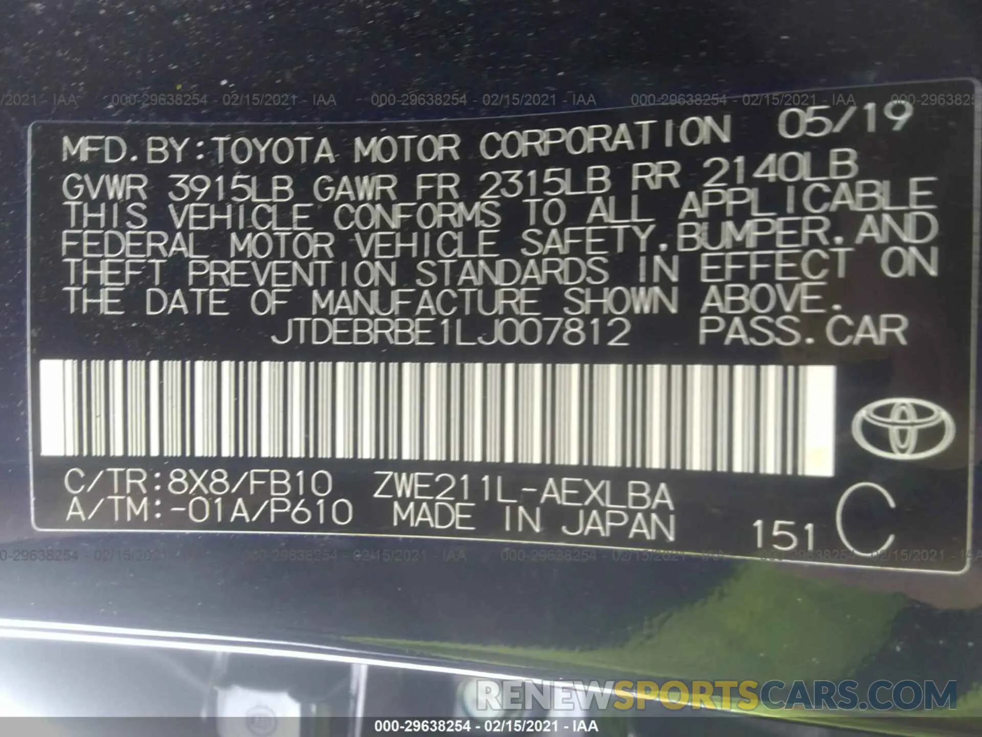 9 fotografías del automóvil dañado JTDEBRBE1LJ007812 TOYOTA COROLLA 2020