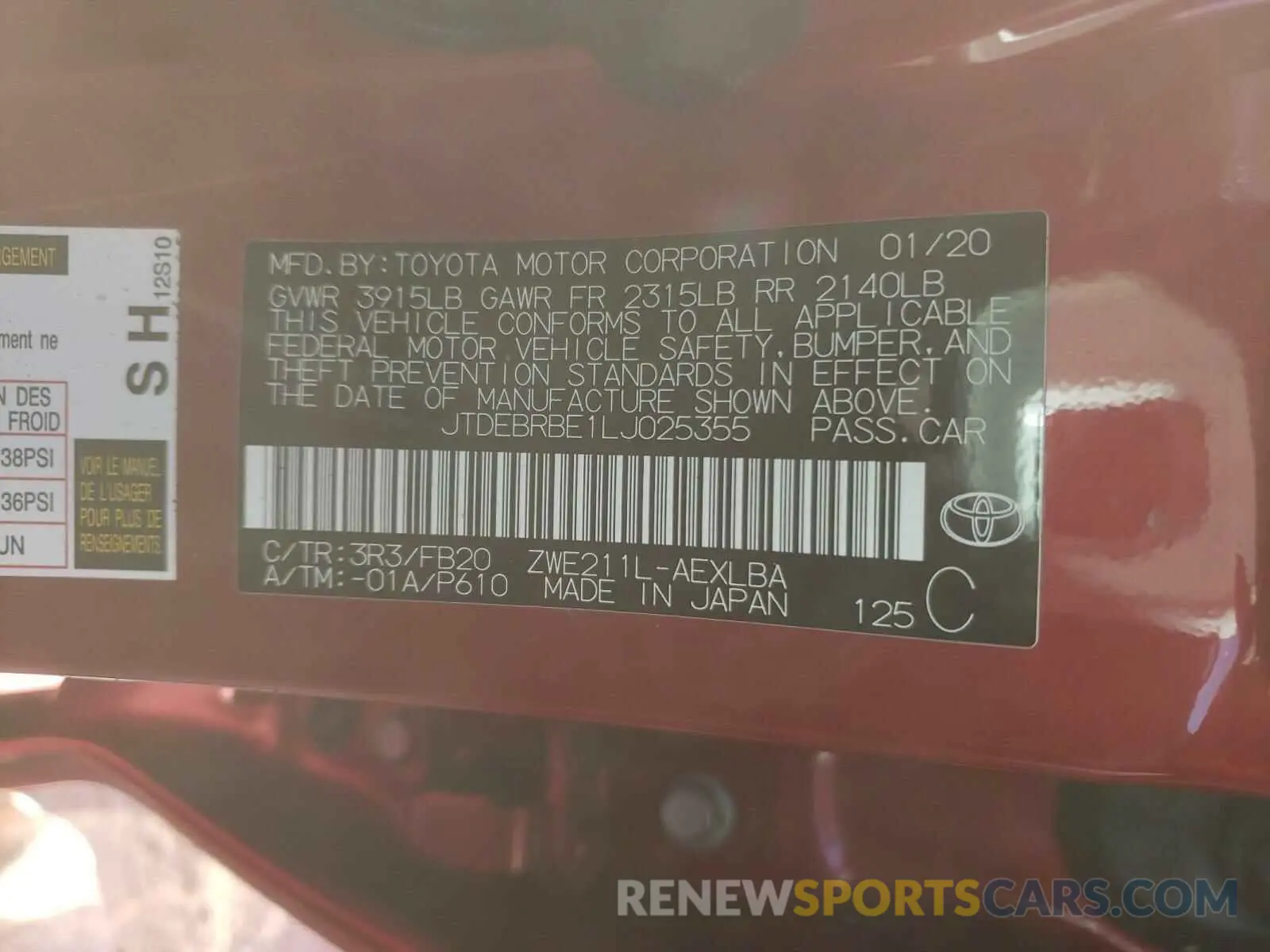 10 fotografías del automóvil dañado JTDEBRBE1LJ025355 TOYOTA COROLLA 2020
