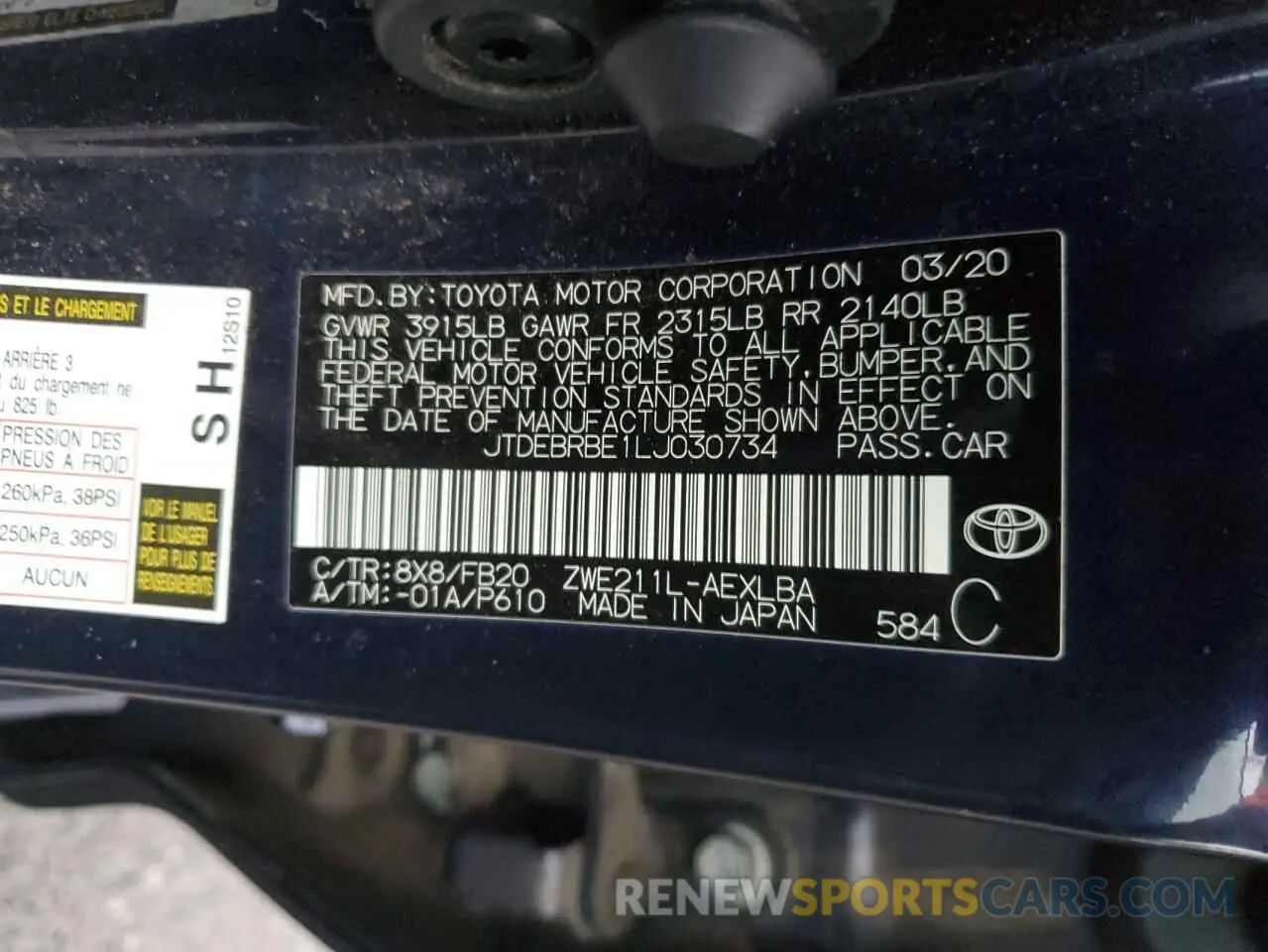 13 fotografías del automóvil dañado JTDEBRBE1LJ030734 TOYOTA COROLLA 2020