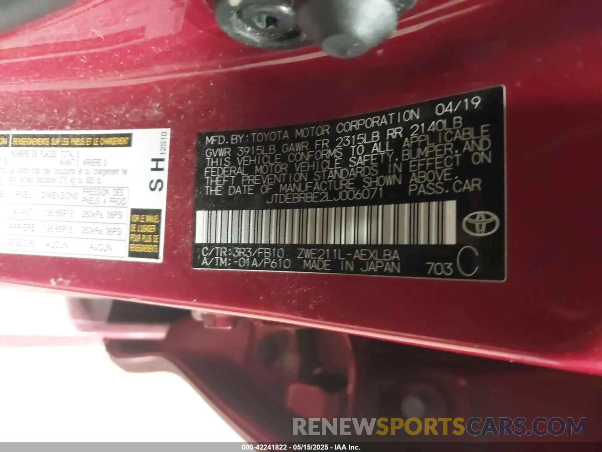 9 fotografías del automóvil dañado JTDEBRBE2LJ006071 TOYOTA COROLLA 2020
