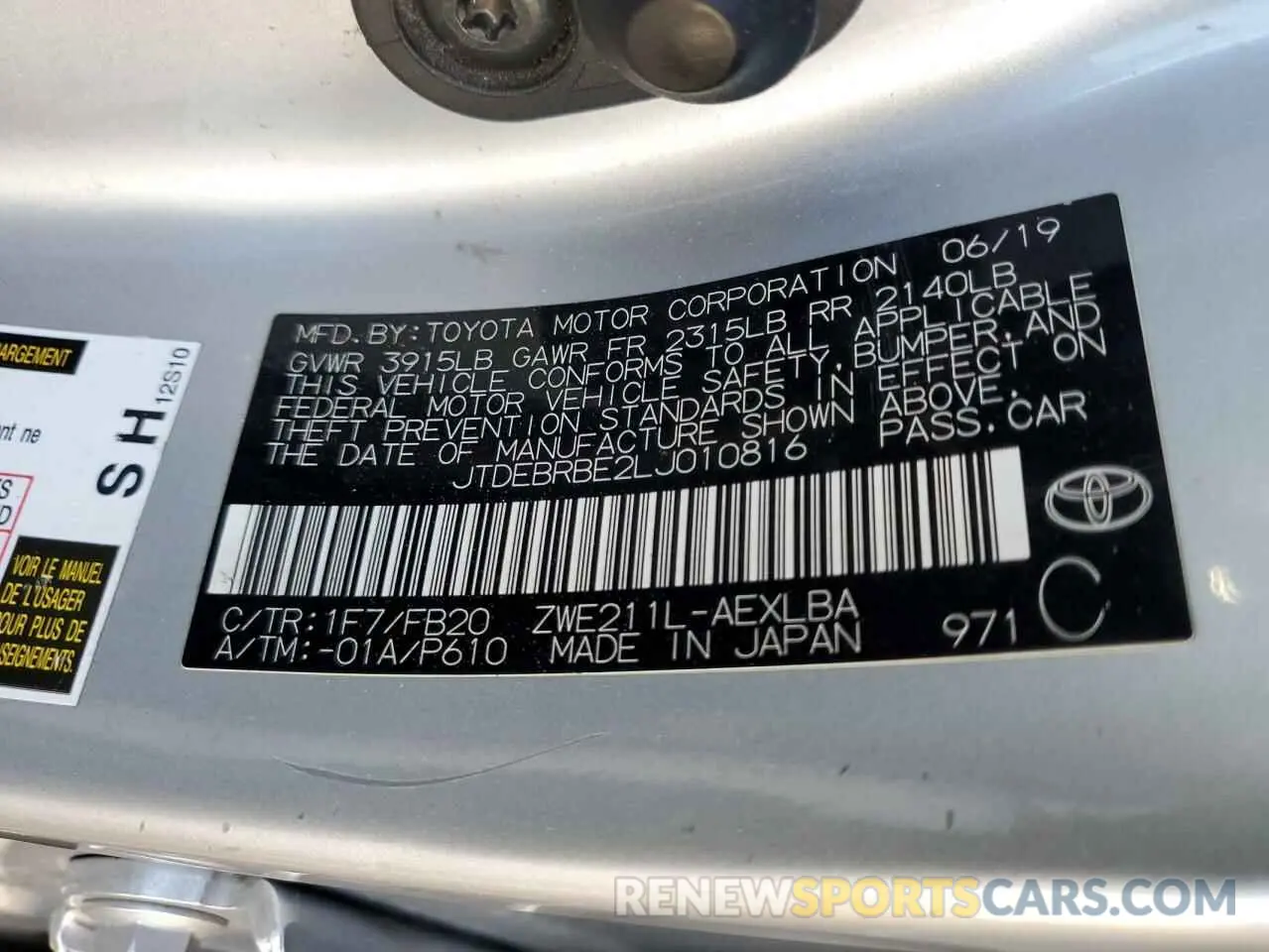 13 fotografías del automóvil dañado JTDEBRBE2LJ010816 TOYOTA COROLLA 2020