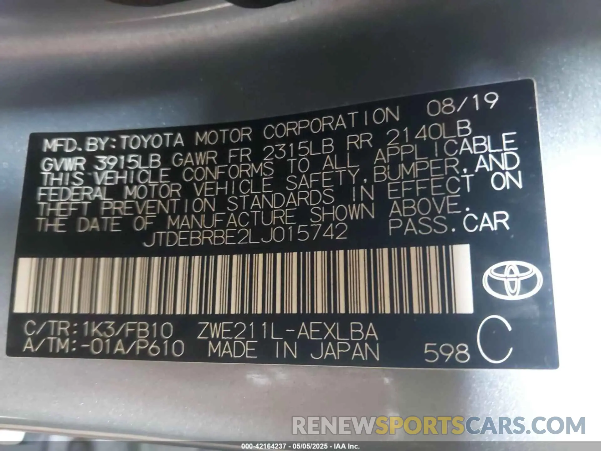 9 fotografías del automóvil dañado JTDEBRBE2LJ015742 TOYOTA COROLLA 2020