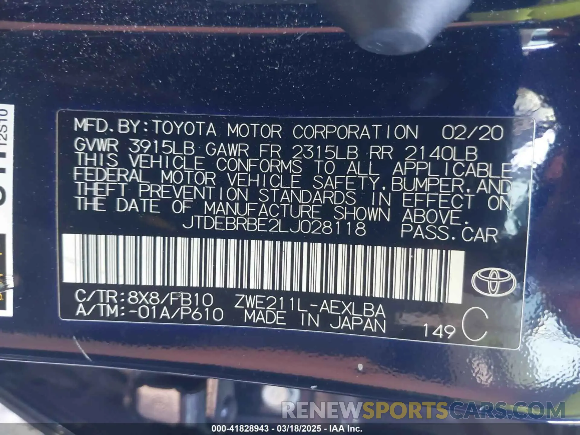 9 fotografías del automóvil dañado JTDEBRBE2LJ028118 TOYOTA COROLLA 2020