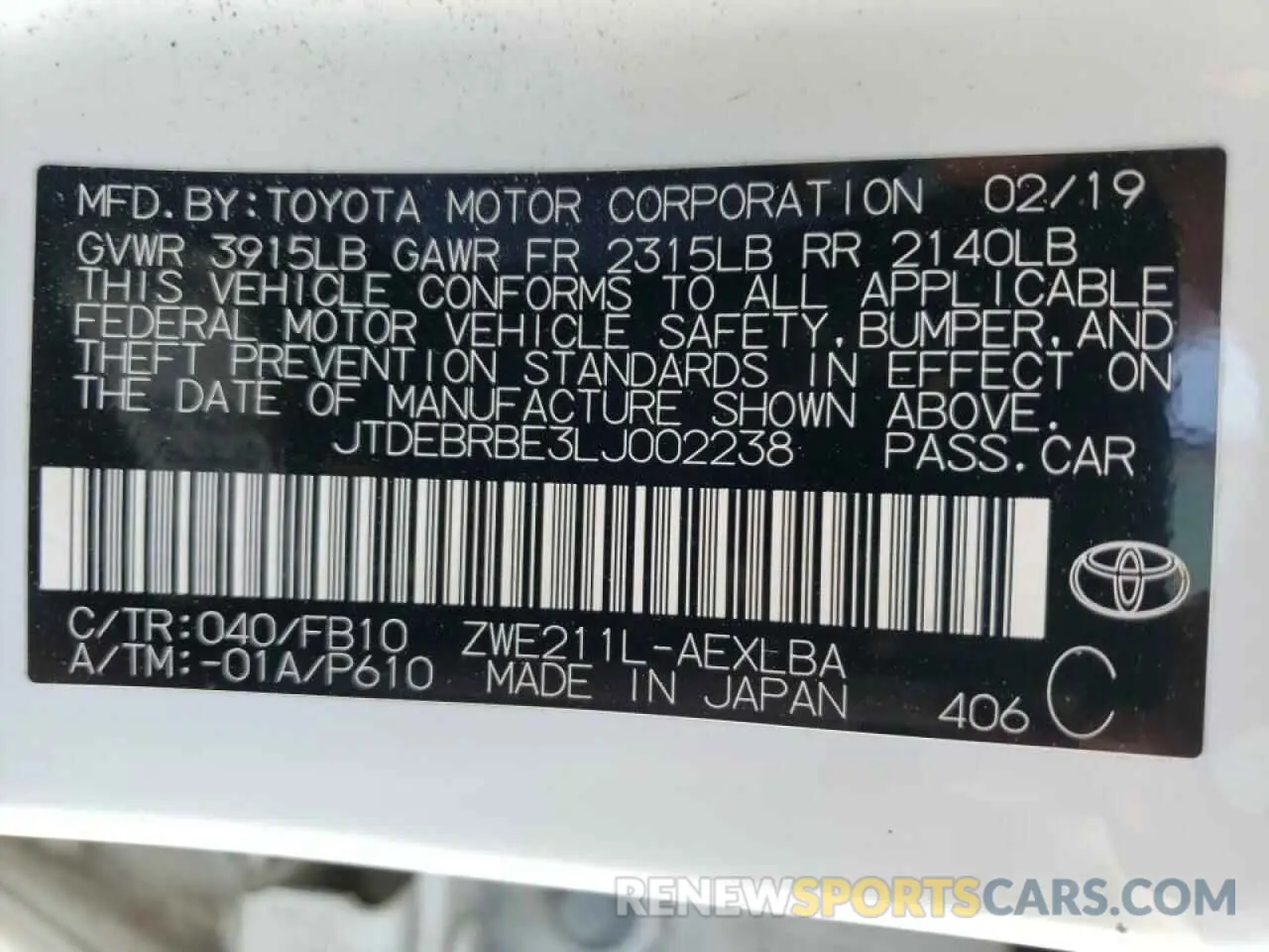 10 fotografías del automóvil dañado JTDEBRBE3LJ002238 TOYOTA COROLLA 2020