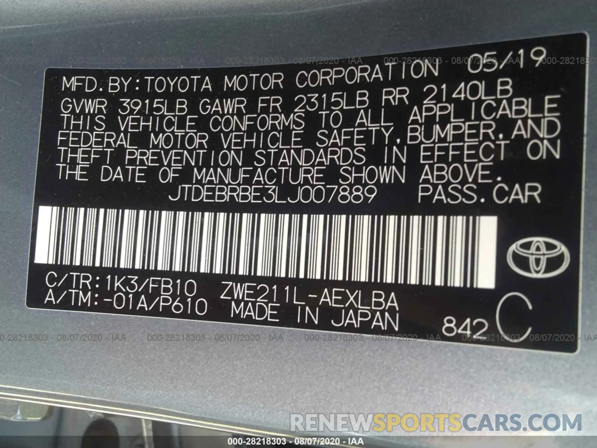 9 fotografías del automóvil dañado JTDEBRBE3LJ007889 TOYOTA COROLLA 2020