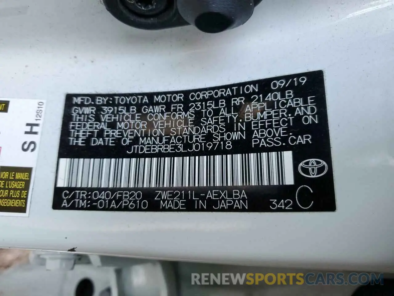 13 fotografías del automóvil dañado JTDEBRBE3LJ019718 TOYOTA COROLLA 2020