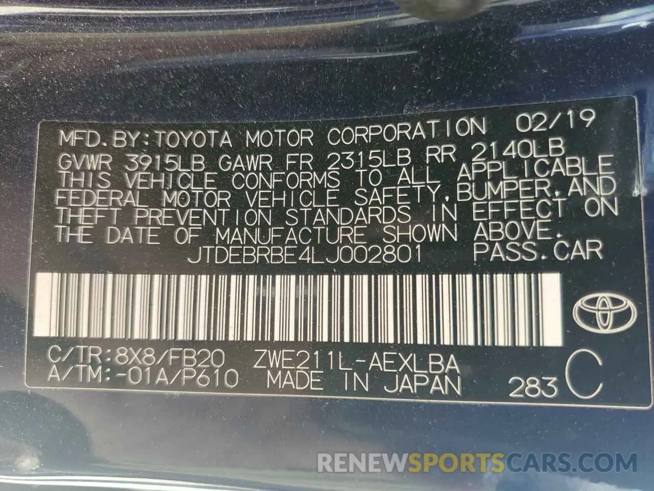 12 fotografías del automóvil dañado JTDEBRBE4LJ002801 TOYOTA COROLLA 2020