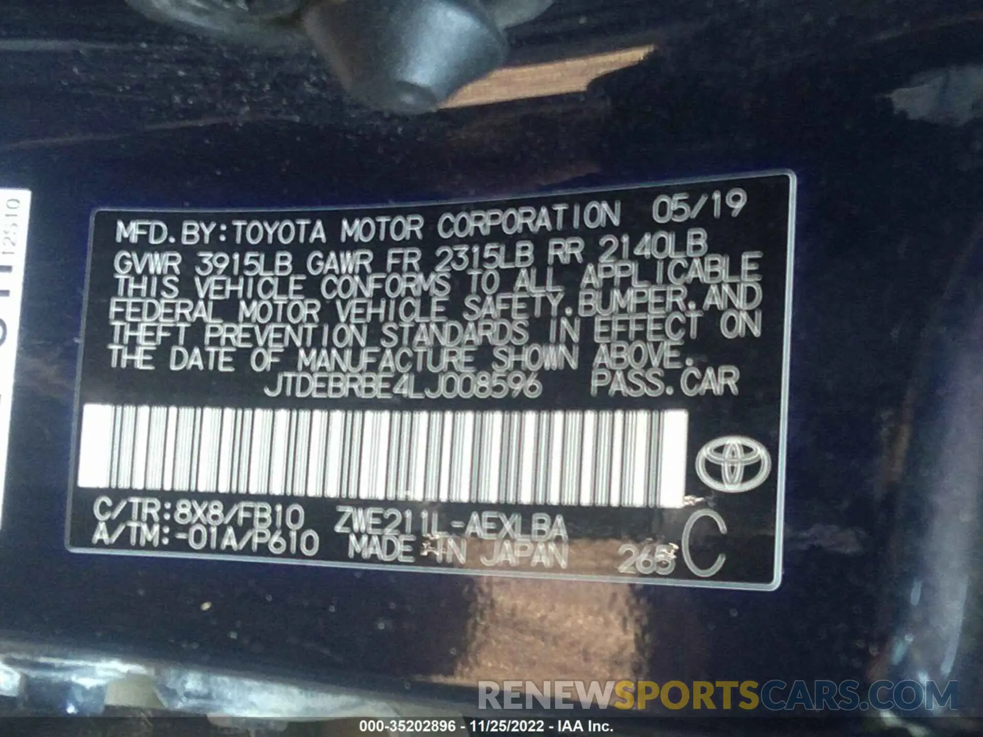 9 fotografías del automóvil dañado JTDEBRBE4LJ008596 TOYOTA COROLLA 2020