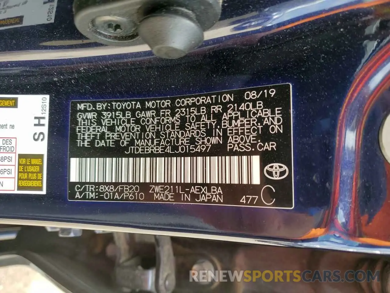 12 fotografías del automóvil dañado JTDEBRBE4LJ015497 TOYOTA COROLLA 2020