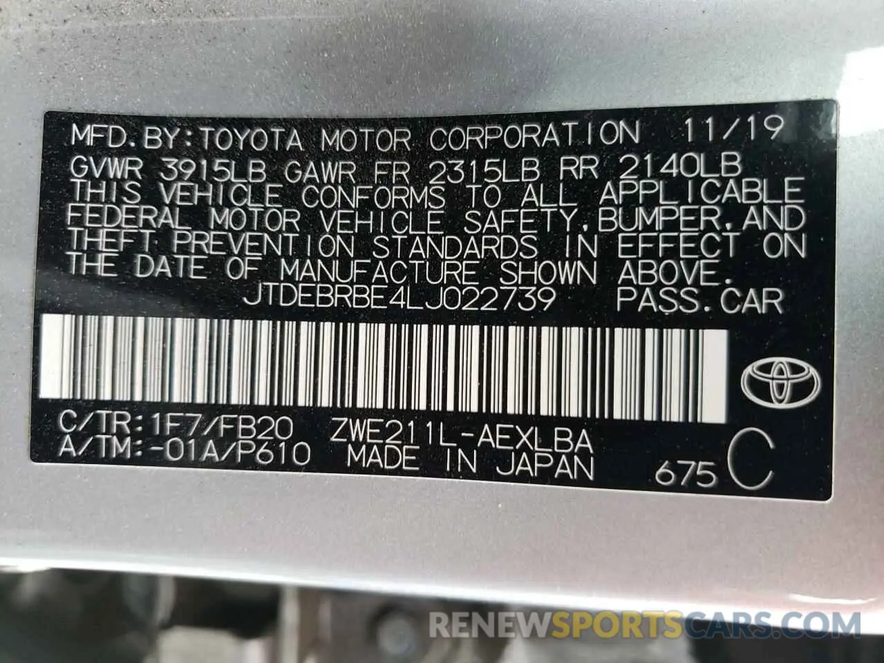 13 fotografías del automóvil dañado JTDEBRBE4LJ022739 TOYOTA COROLLA 2020