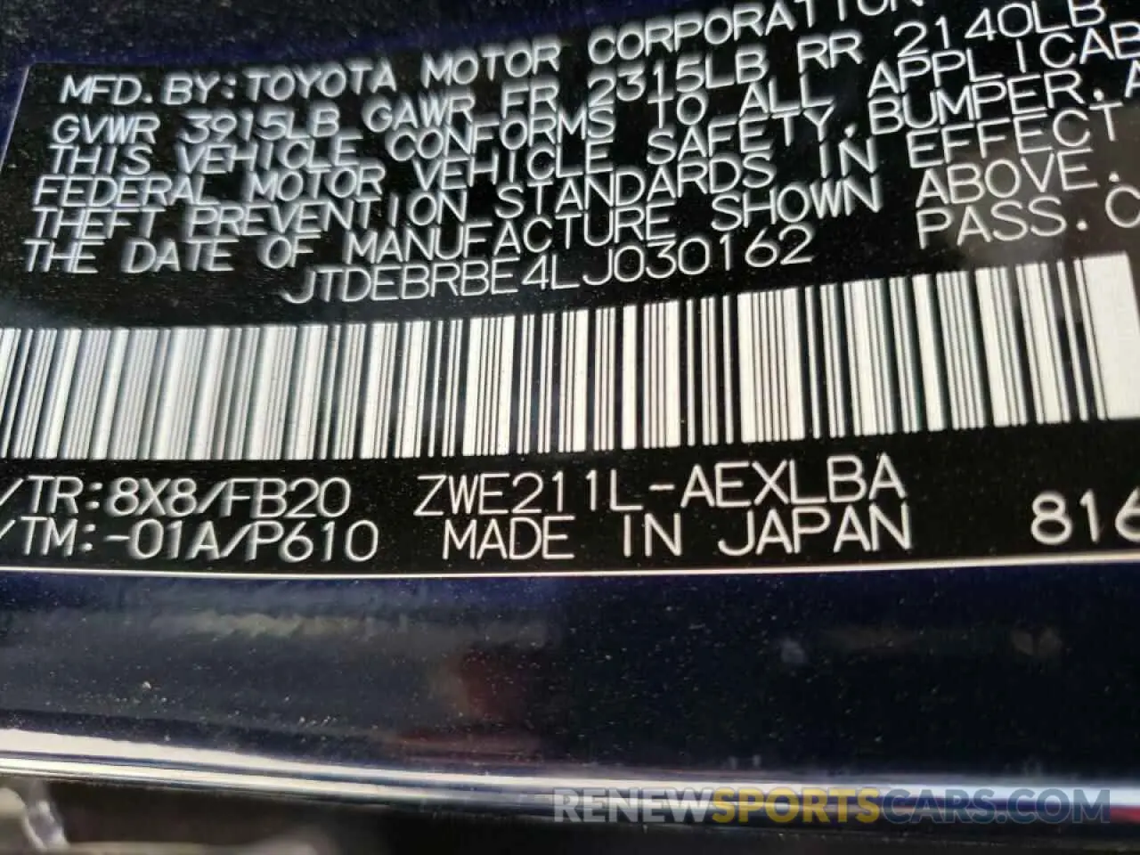 10 fotografías del automóvil dañado JTDEBRBE4LJ030162 TOYOTA COROLLA 2020