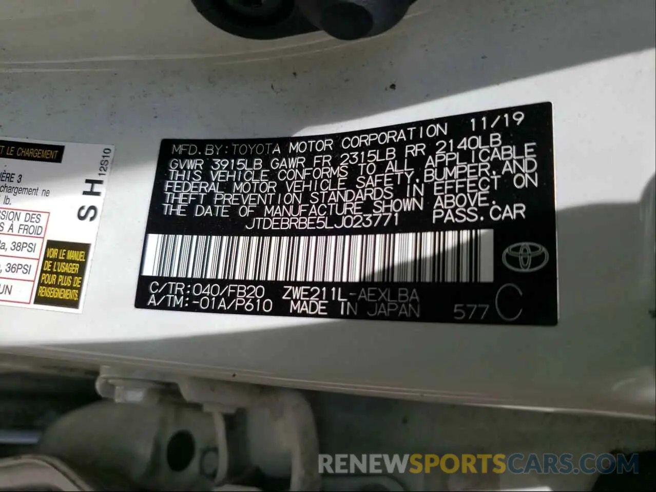 10 fotografías del automóvil dañado JTDEBRBE5LJ023771 TOYOTA COROLLA 2020