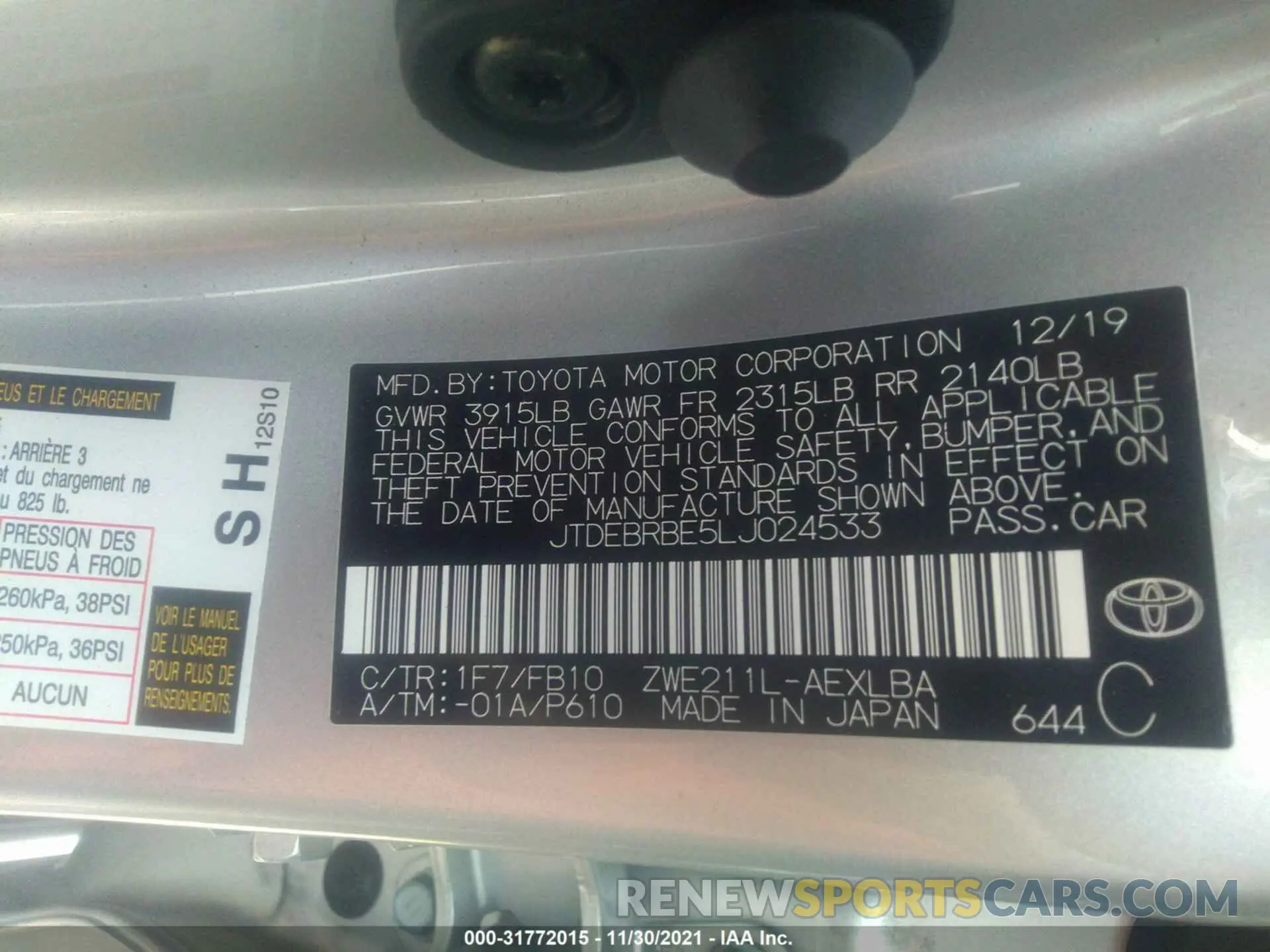 9 fotografías del automóvil dañado JTDEBRBE5LJ024533 TOYOTA COROLLA 2020