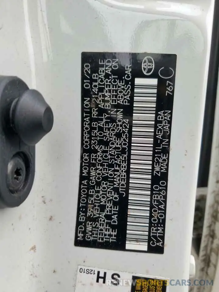 12 fotografías del automóvil dañado JTDEBRBE5LJ025424 TOYOTA COROLLA 2020