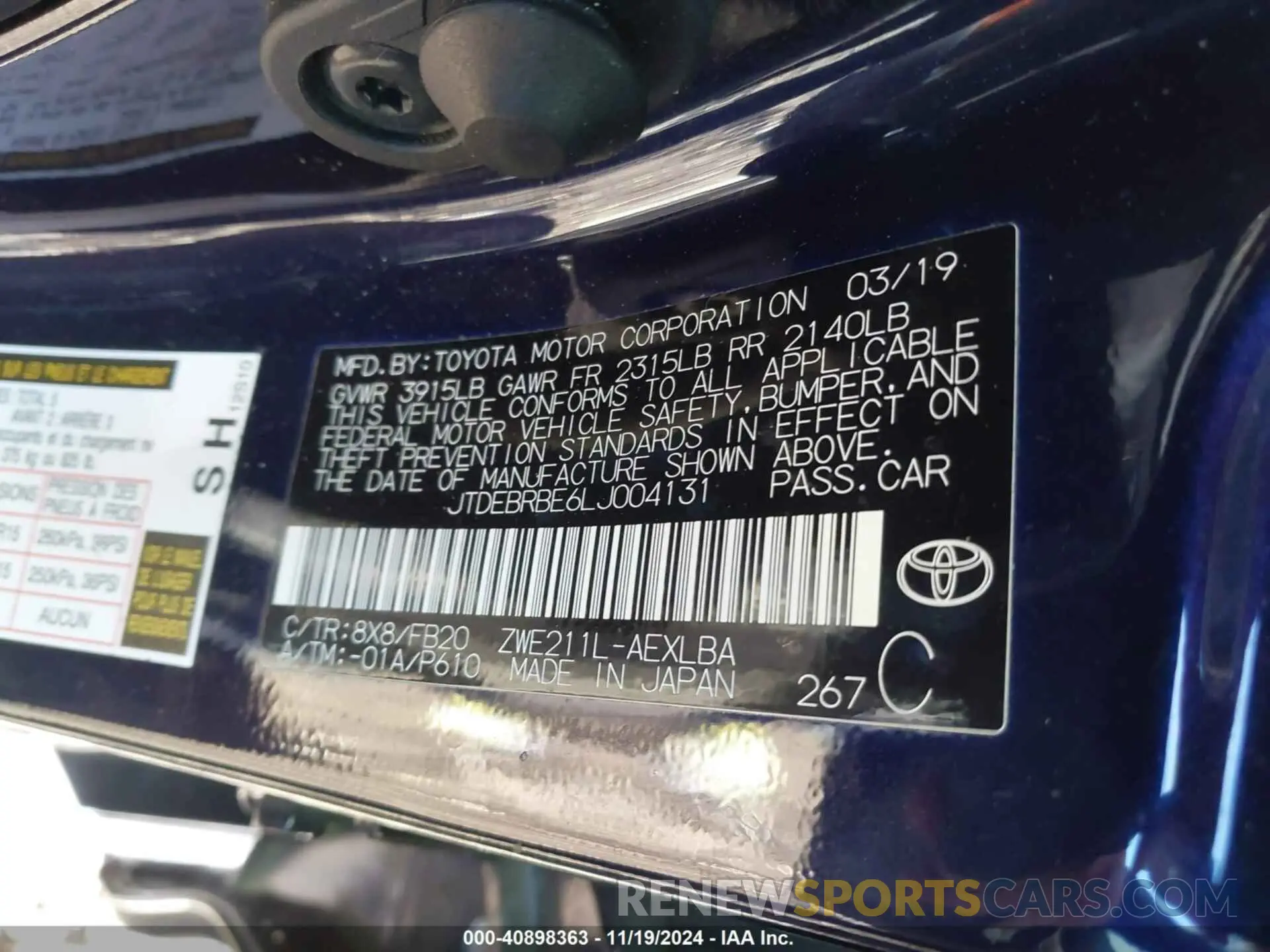 9 fotografías del automóvil dañado JTDEBRBE6LJ004131 TOYOTA COROLLA 2020