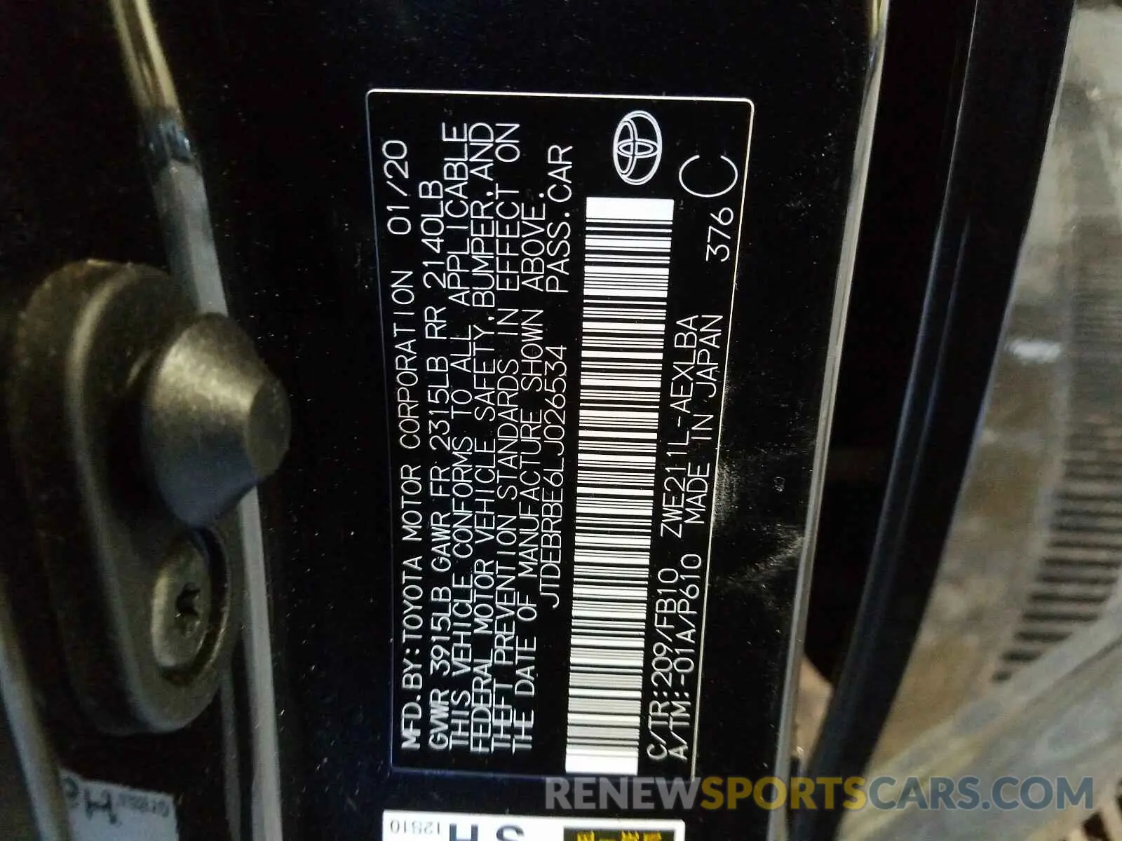 10 fotografías del automóvil dañado JTDEBRBE6LJ026534 TOYOTA COROLLA 2020
