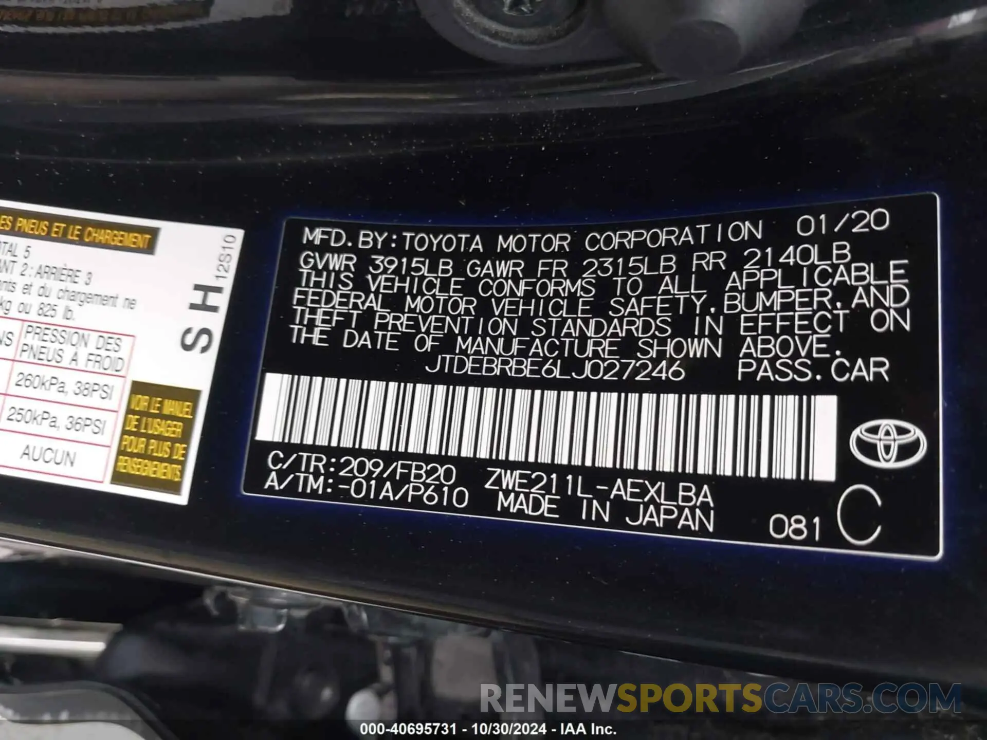 9 fotografías del automóvil dañado JTDEBRBE6LJ027246 TOYOTA COROLLA 2020