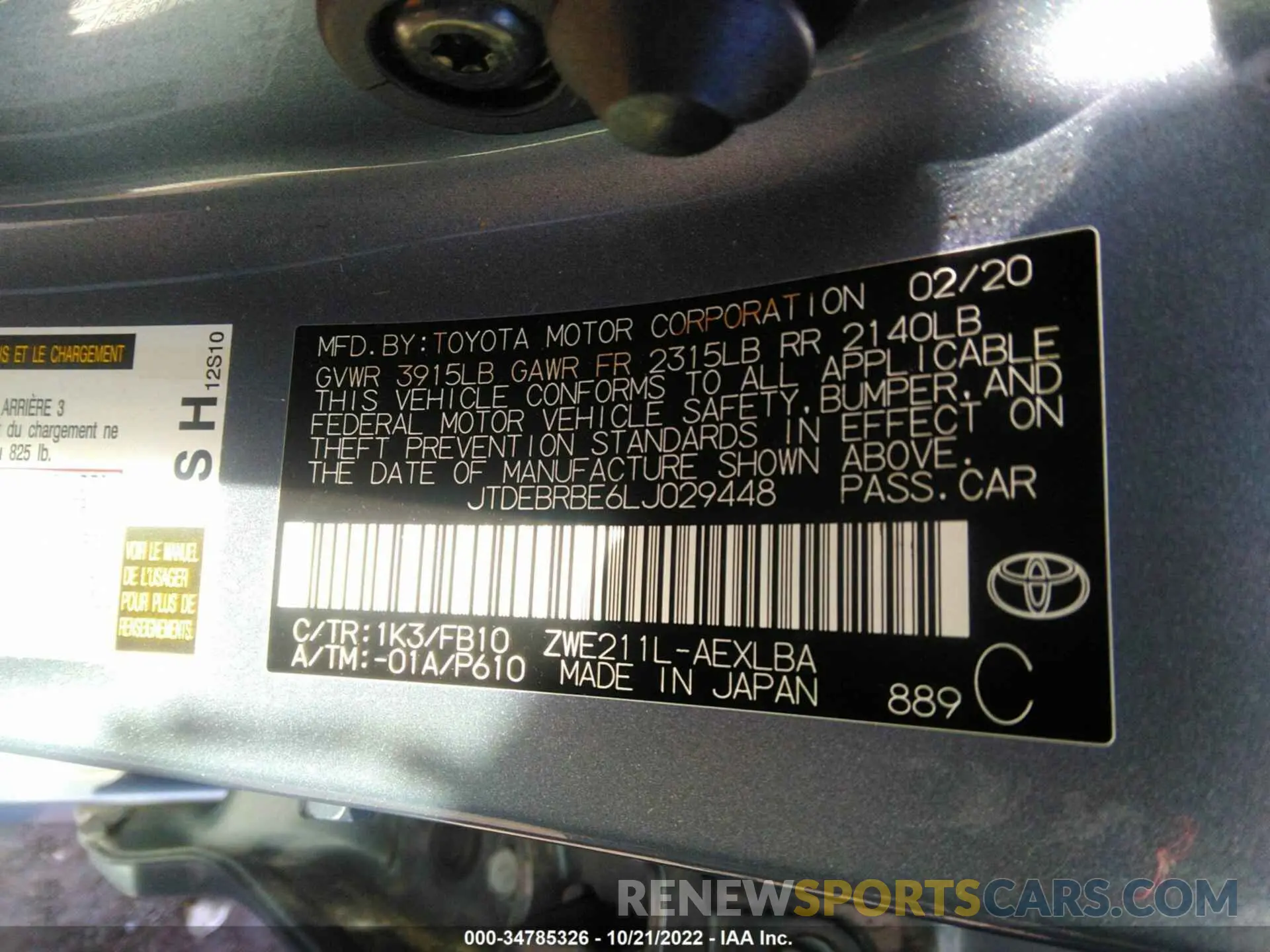 9 fotografías del automóvil dañado JTDEBRBE6LJ029448 TOYOTA COROLLA 2020